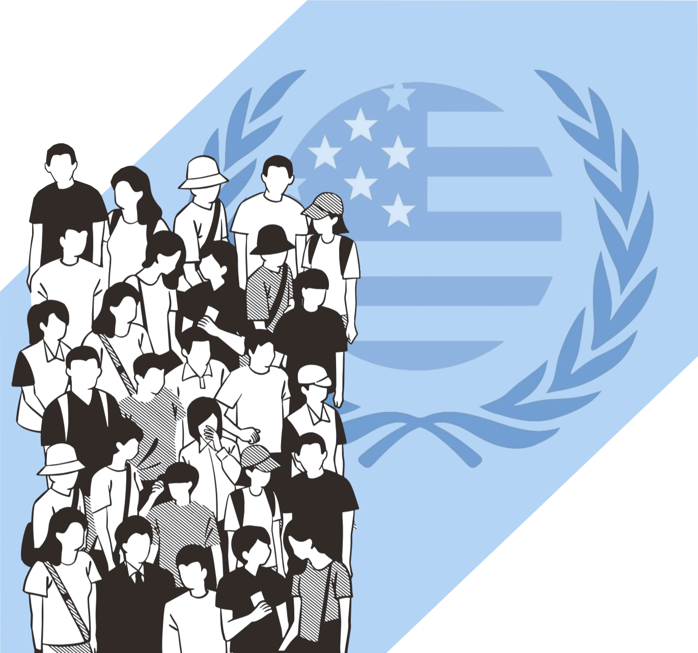 A group of diverse people, including children and adults, standing in front of a large United Nations flag with a blue background and a white emblem featuring a world map surrounded by olive branches.