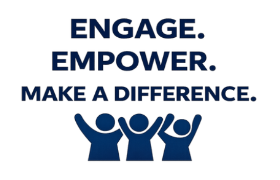 Text saying 'Engage. Empower. Make a Difference.' above three raised hands in dark blue.