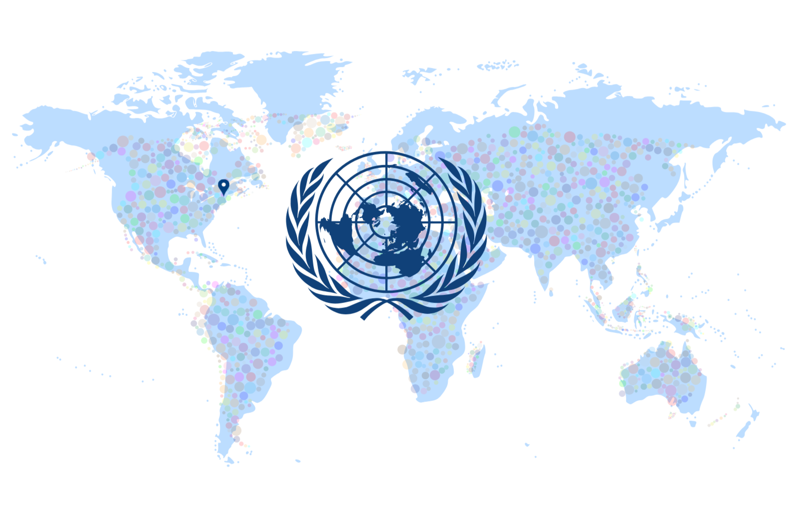 World map with colored dots and the United Nations emblem overlayed in the center.