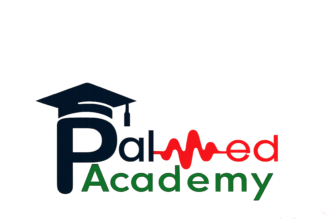 Logo for the Pediatric Med Academy with a graduation cap, a heartbeat line, and text in red, black, and green.