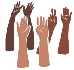 Group of six raised hands of various skin tones, some with nails, raised in support or solidarity.