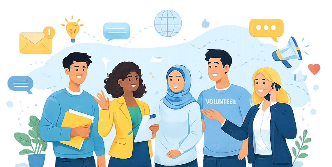 Illustration of diverse people engaging in communication, with icons of envelopes, light bulb, globe, speech bubbles, megaphone, and heart in the background.