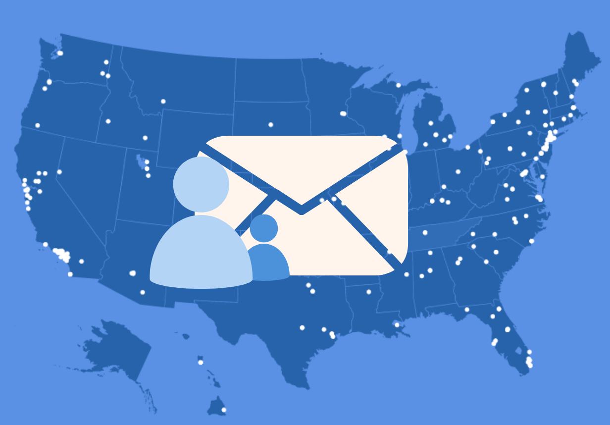 A map of the United States with white dots marking various locations. An overlay of an envelope icon and silhouettes of two people indicating communication or messaging.