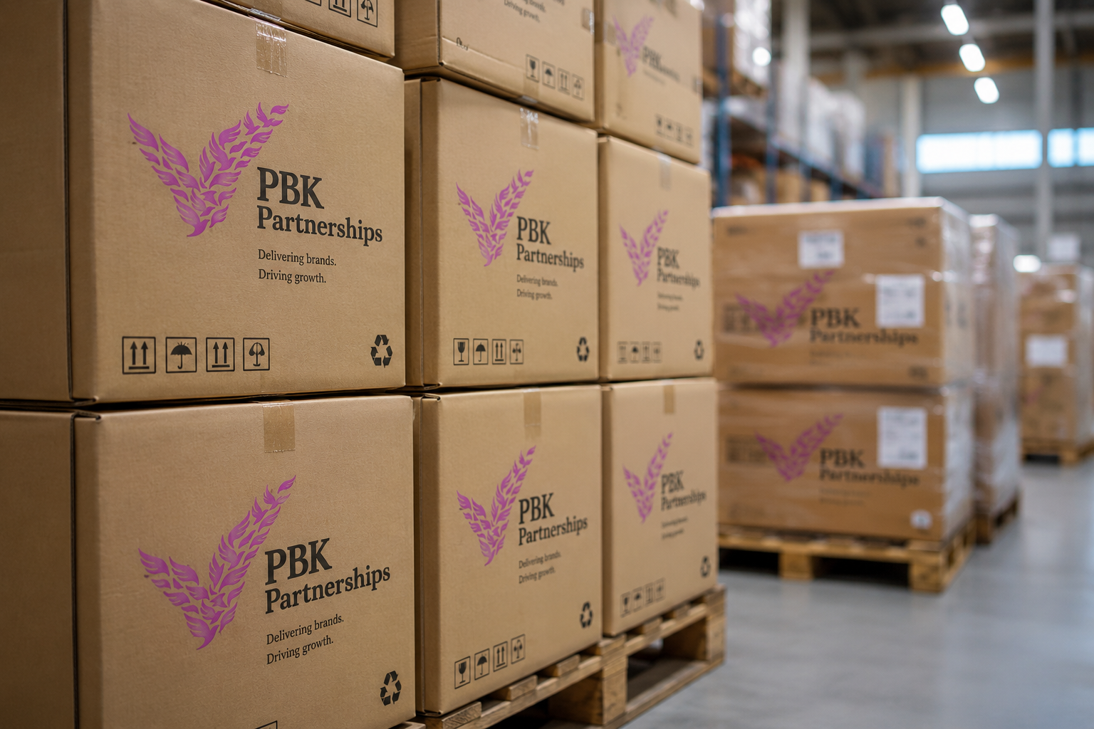 Stacked cardboard boxes with PBK Partnerships logo and tagline in a warehouse.