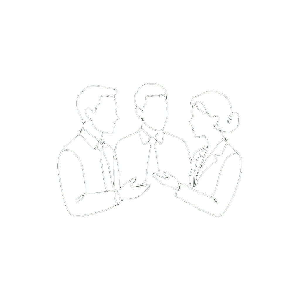 Line drawing of three businesspeople engaged in conversation on a green background.