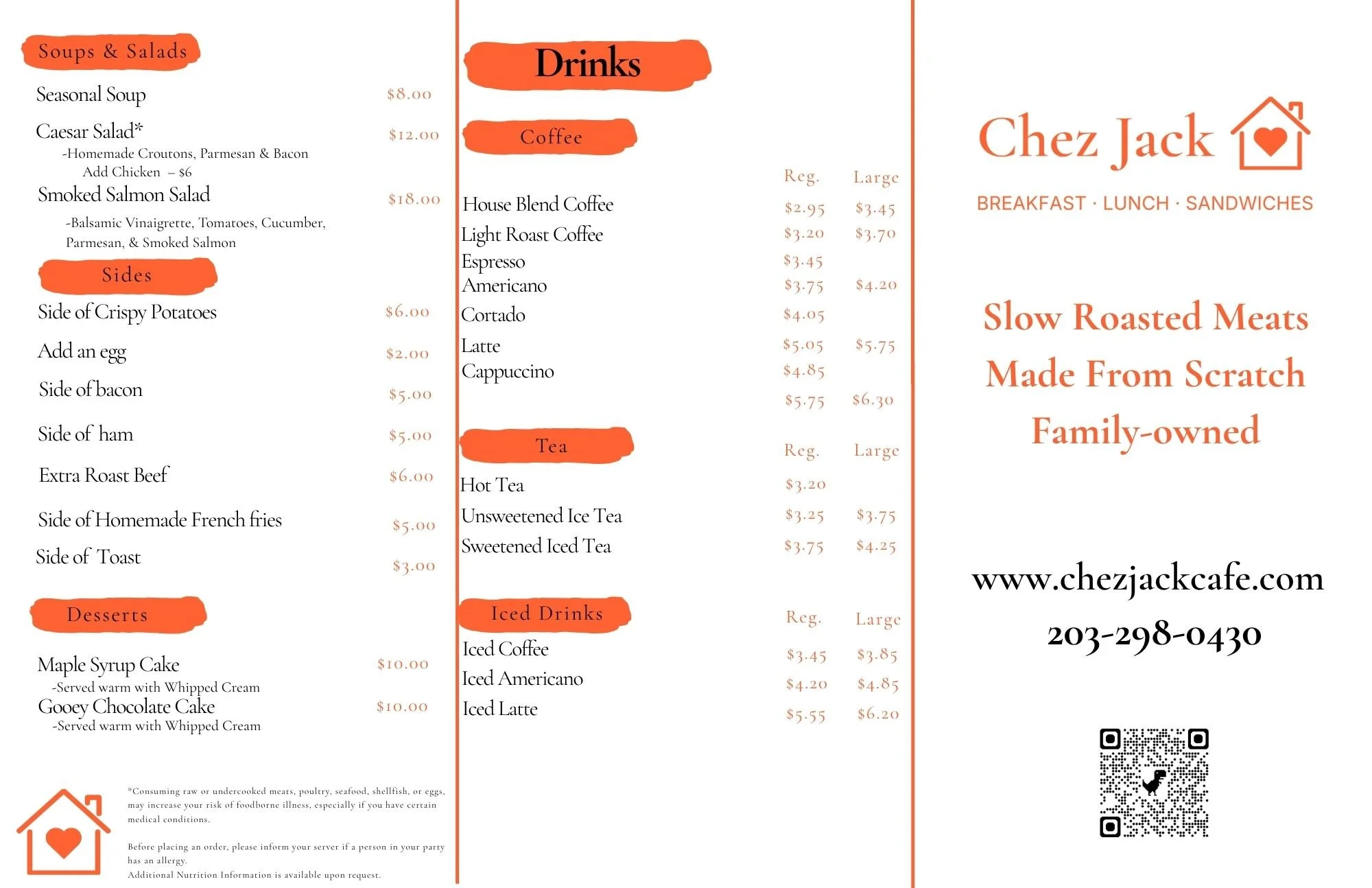 Menu from Chez Jack cafe featuring sections for Soups & Salads, Sides, Desserts, Drinks, Iced Drinks, and Coffee, with various food and beverage options and prices. The cafe is family-owned and offers breakfast, lunch, and sandwiches.