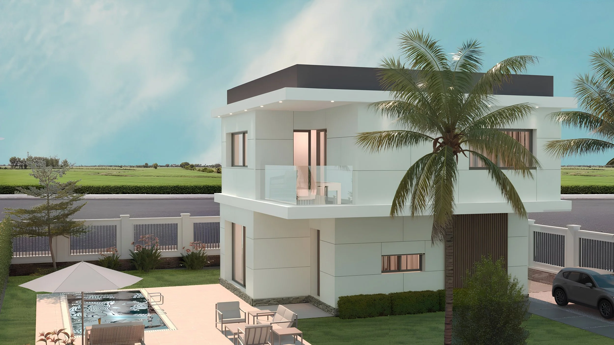 Modern white two-story house with rooftop terrace and glass balcony, surrounded by green lawn, palm trees, and outdoor pool area with umbrellas and seating.