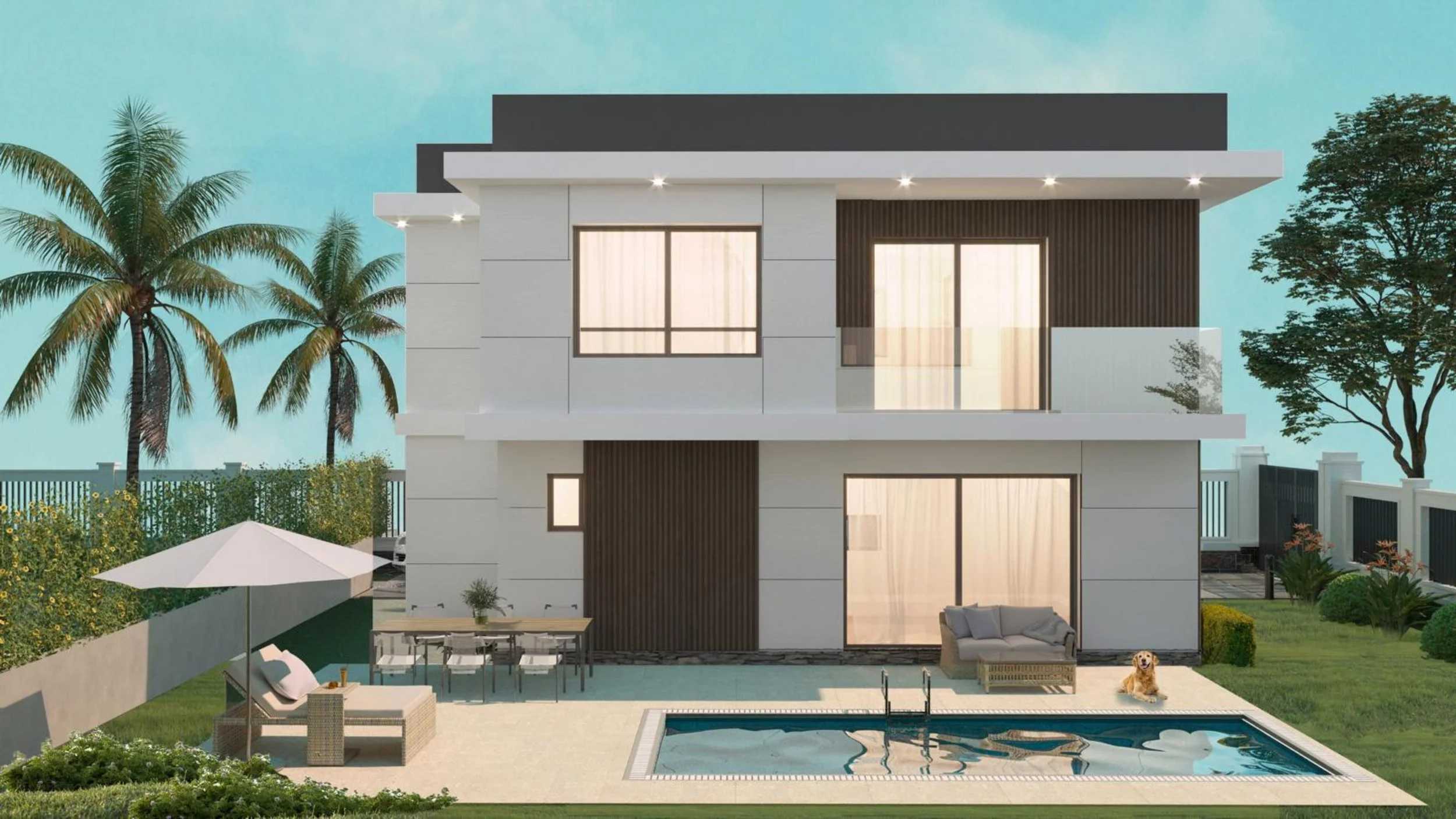 Modern two-story house with a swimming pool in the backyard, outdoor dining area, lounge chairs, and trees including palm trees, under a blue sky.