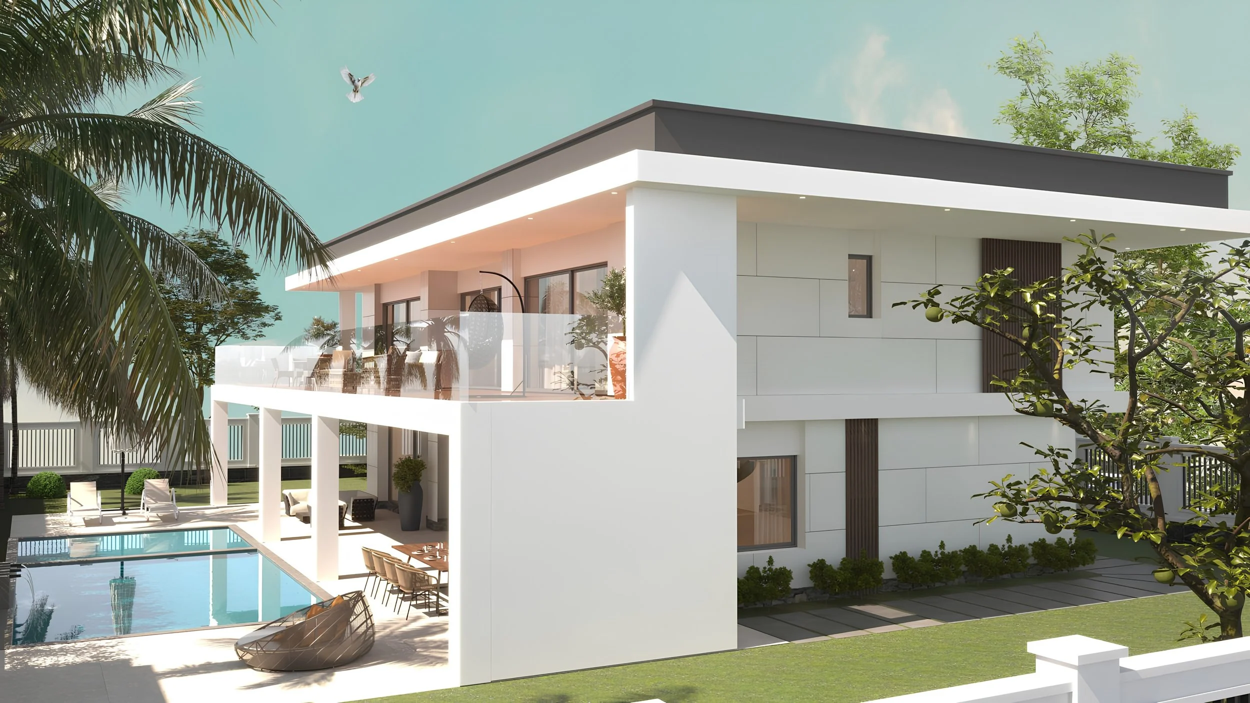Modern white multi-story house with rooftop deck, outdoor pool, patio furniture, surrounded by trees and greenery.