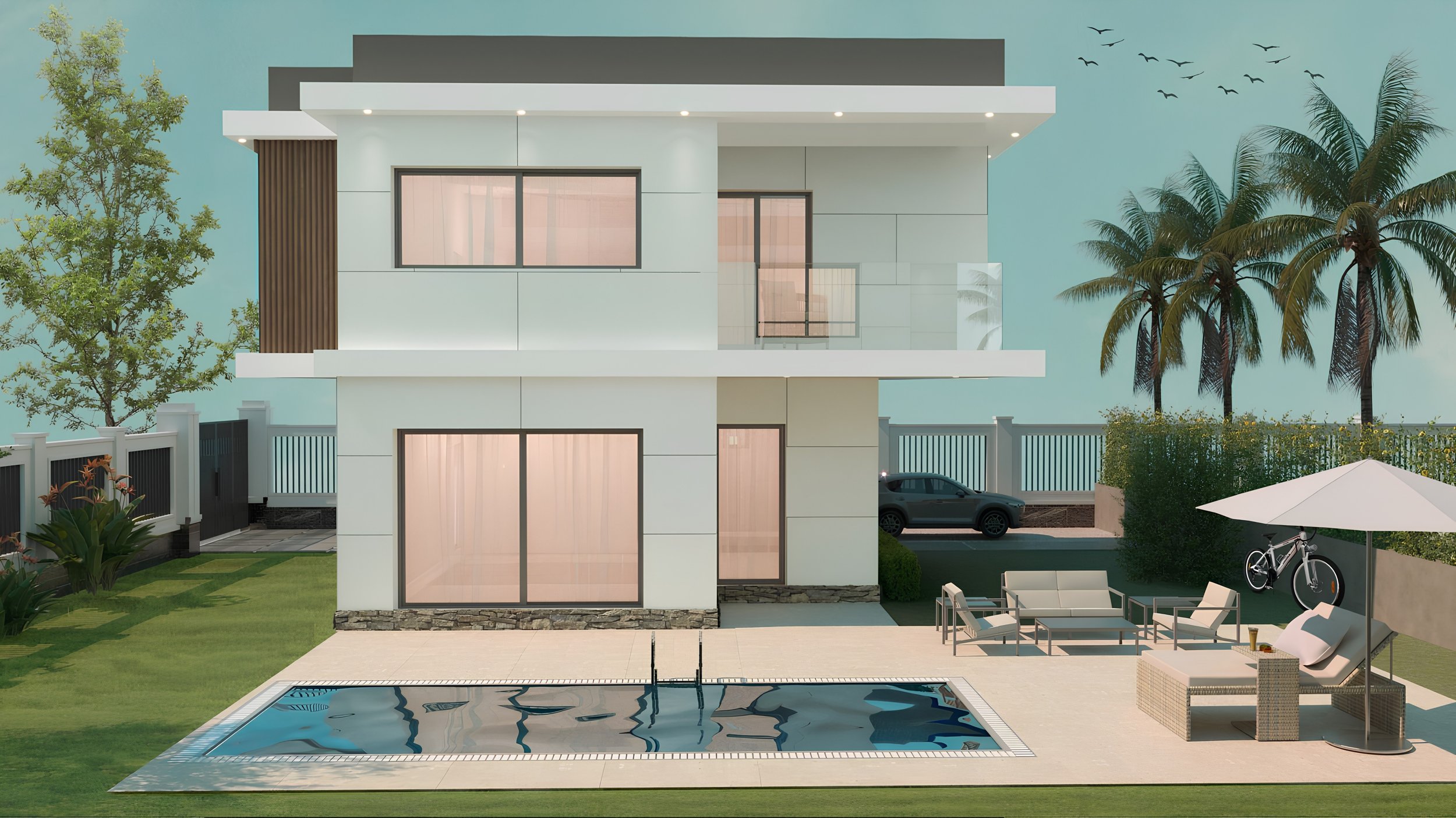Modern multi-story house with large glass windows, a backyard with a swimming pool, patio furniture, bicycles, trees, and a fence, under a clear sky with birds flying.