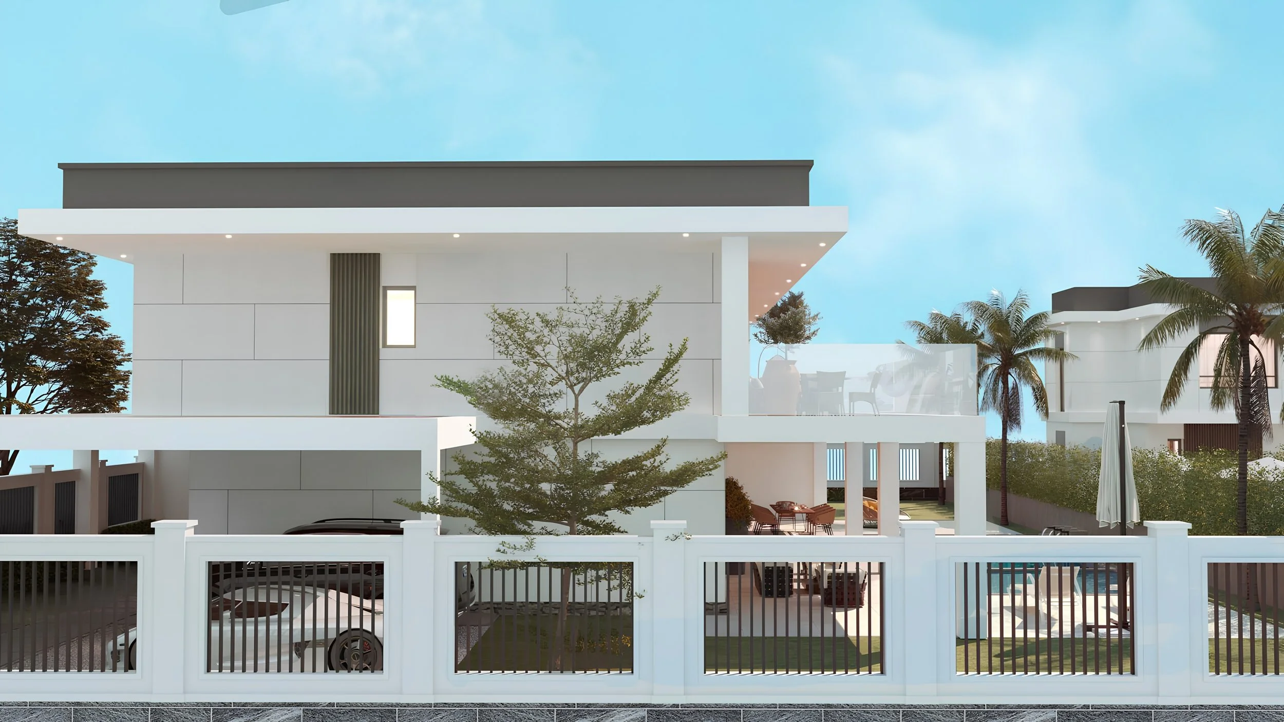 Modern white multi-story house with balcony, trees, and a white fence, with a blue sky background.