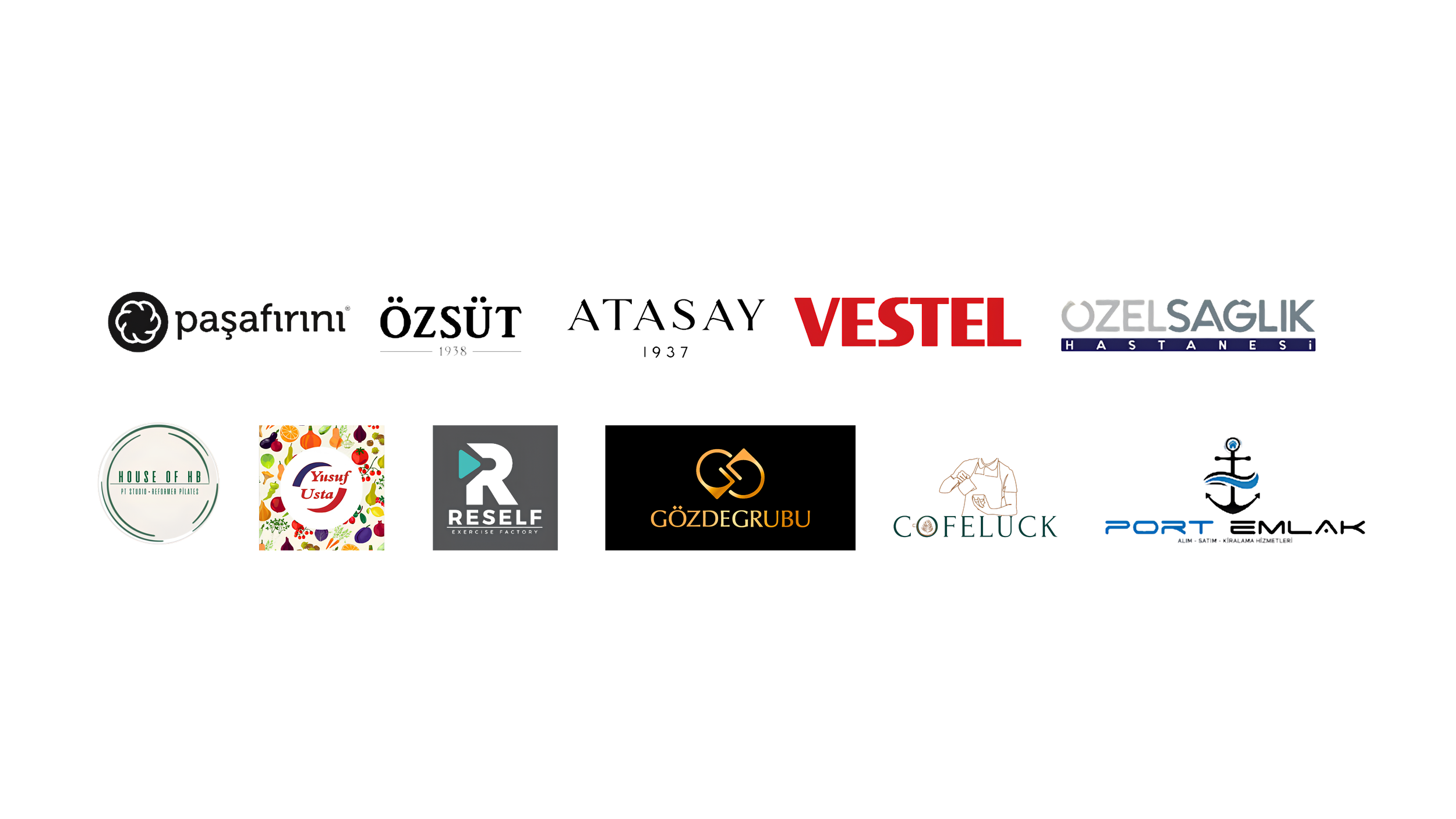 A collection of various logos and brand names, including Pasabirni, Vestel, Ozelsaglik, House of HB, Yusuf Usta, Reslef, Gozdegrubu, Co Feluck, and Port, displayed on a black background.