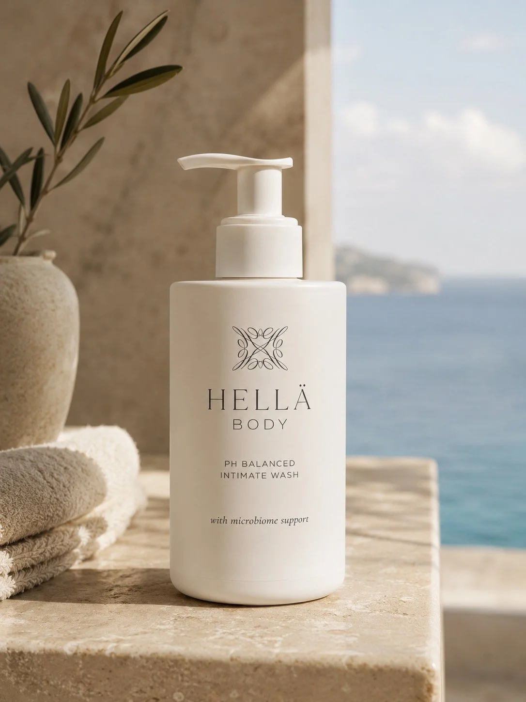 HELLÄ BODY ph-balanced feminine wash bottle displayed beside the ocean in a luxury spa-inspired setting.