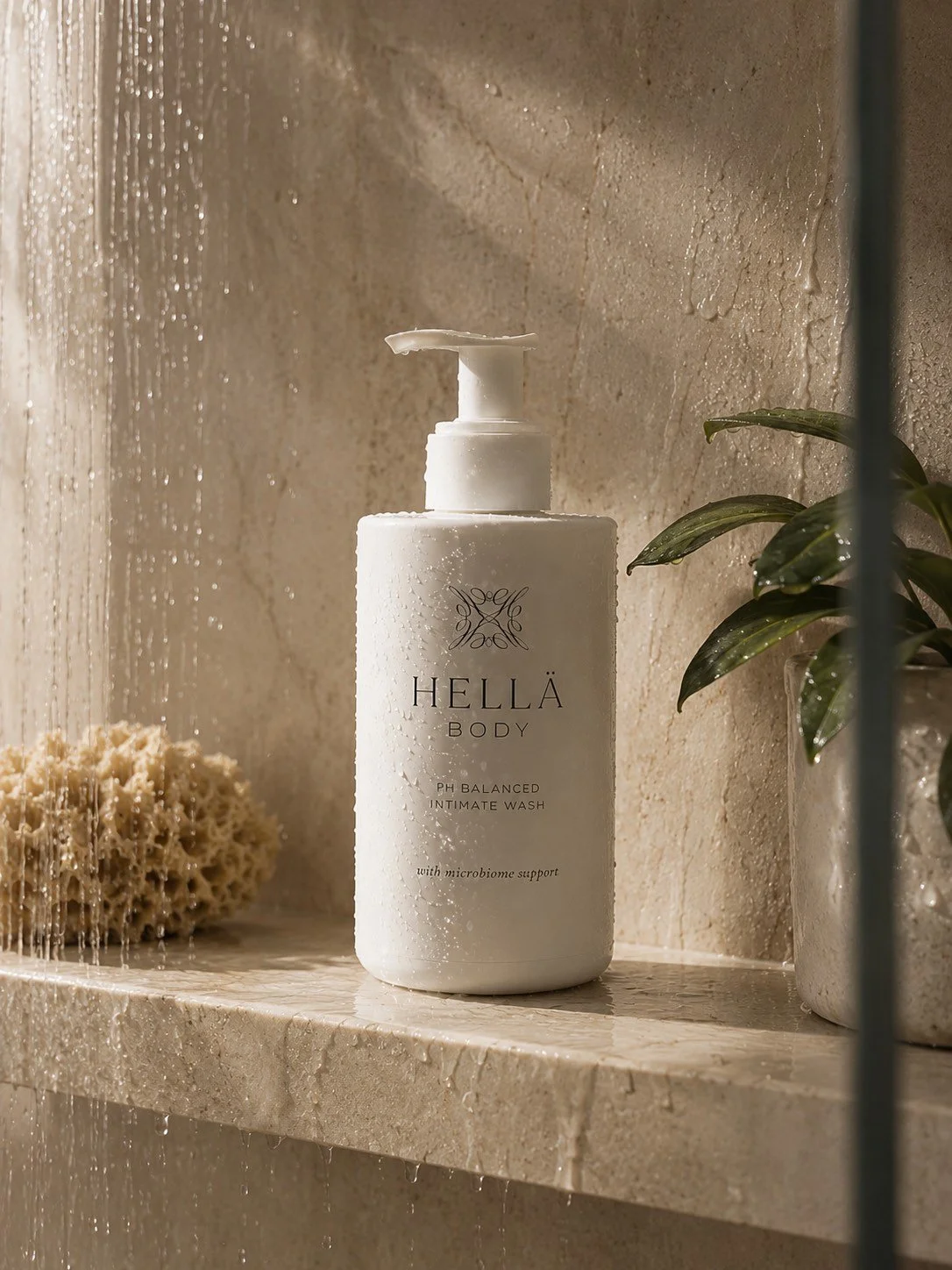 Luxury intimate care product for vulvar care on a wet stone surface with natural spa elements.