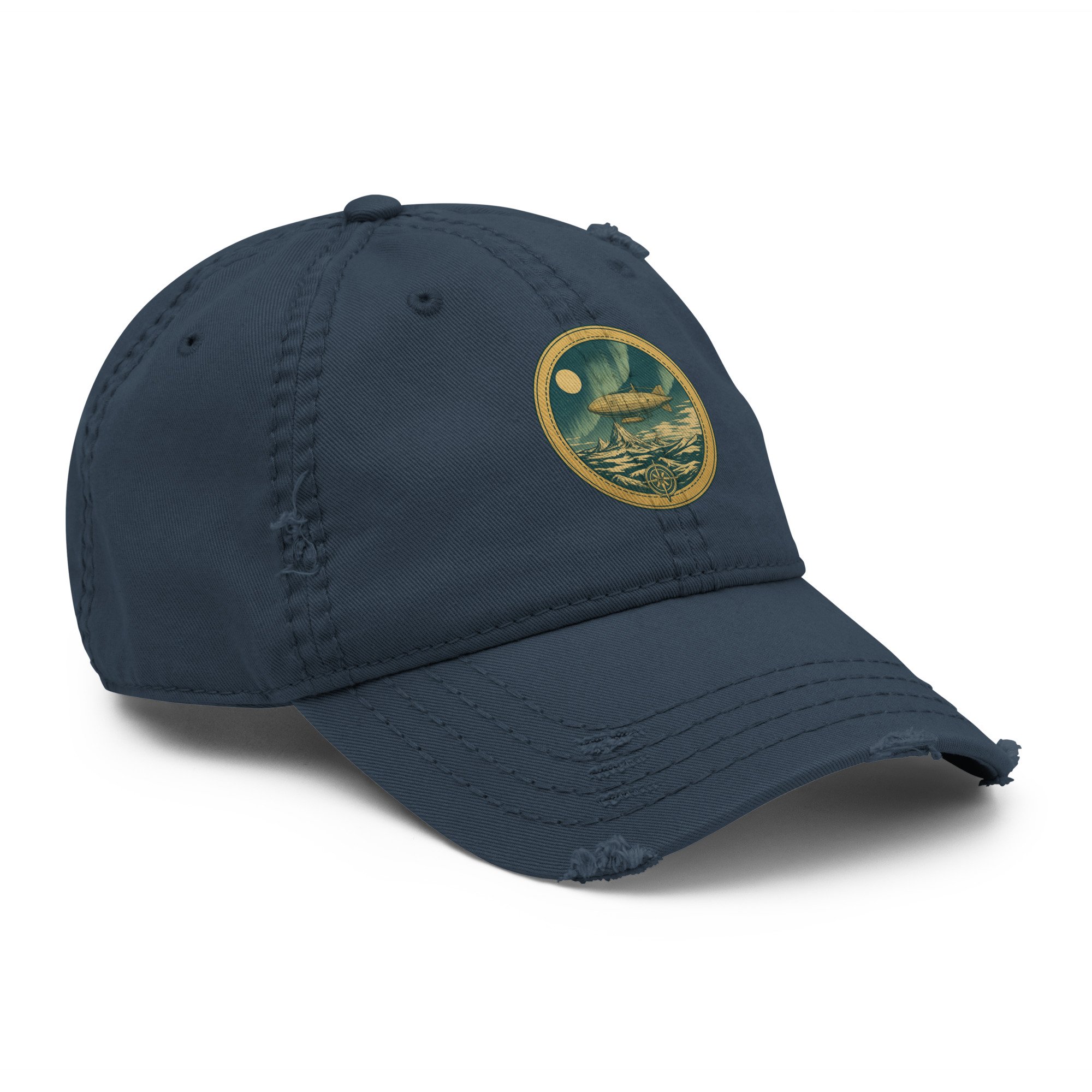 Dad hat — Close-up of distressed brim and crown with airship and aurora design detail — flat earth, vintage engraving — Ether