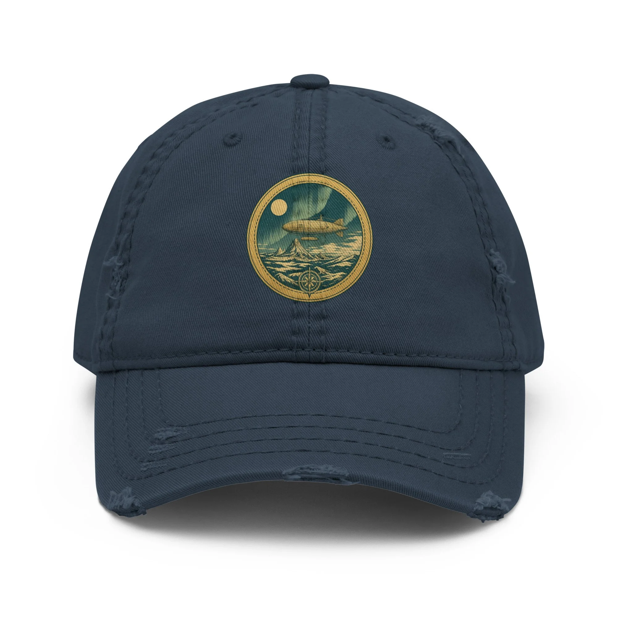 Dad Hat — Distressed vintage dad hat featuring airship above snowy peaks and aurora sky, flat earth explorer design — alterna