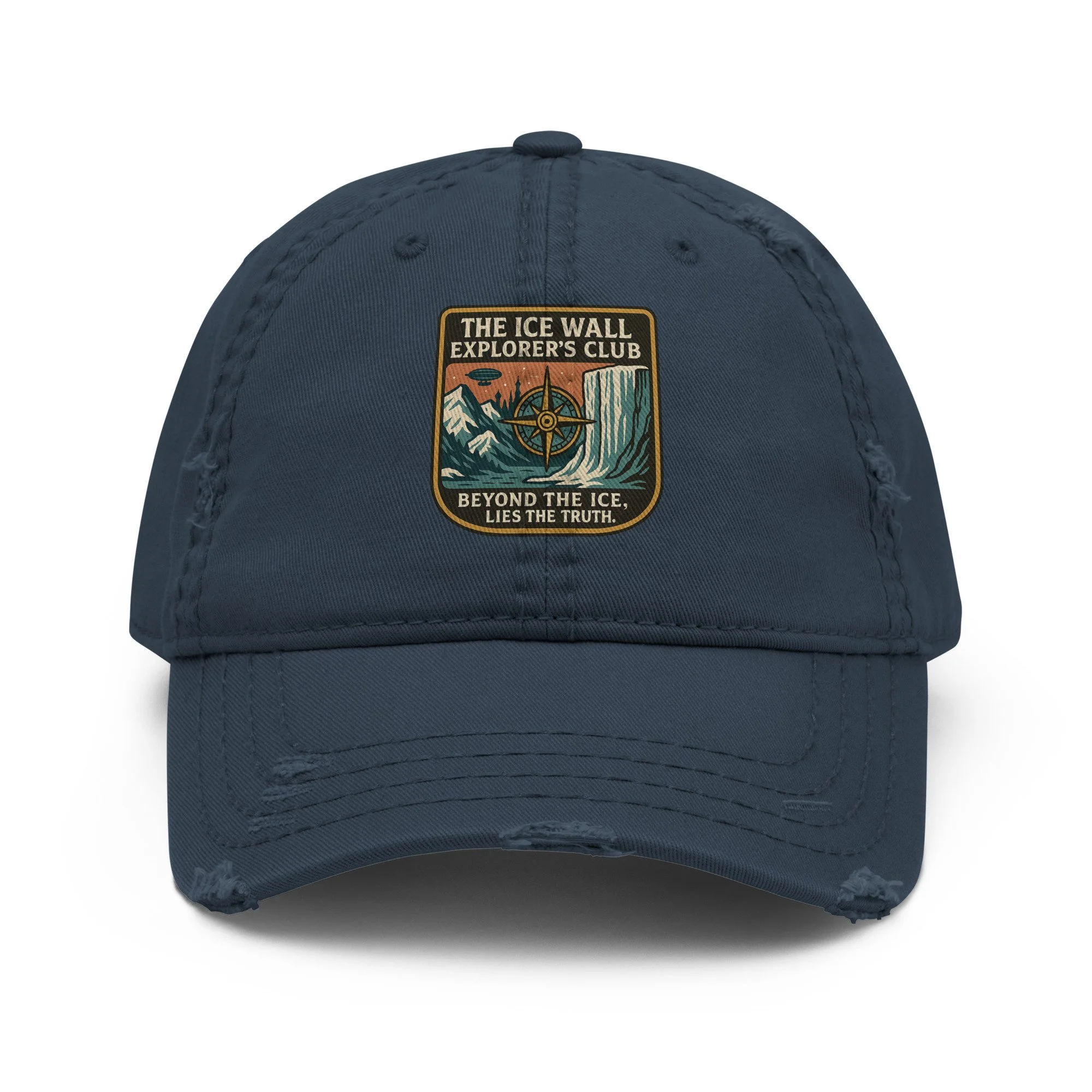 Hat — Bio-washed cotton dad hat with embroidered ice wall, celestial compass, and Tartarian spires patch — Flat earth, hidden