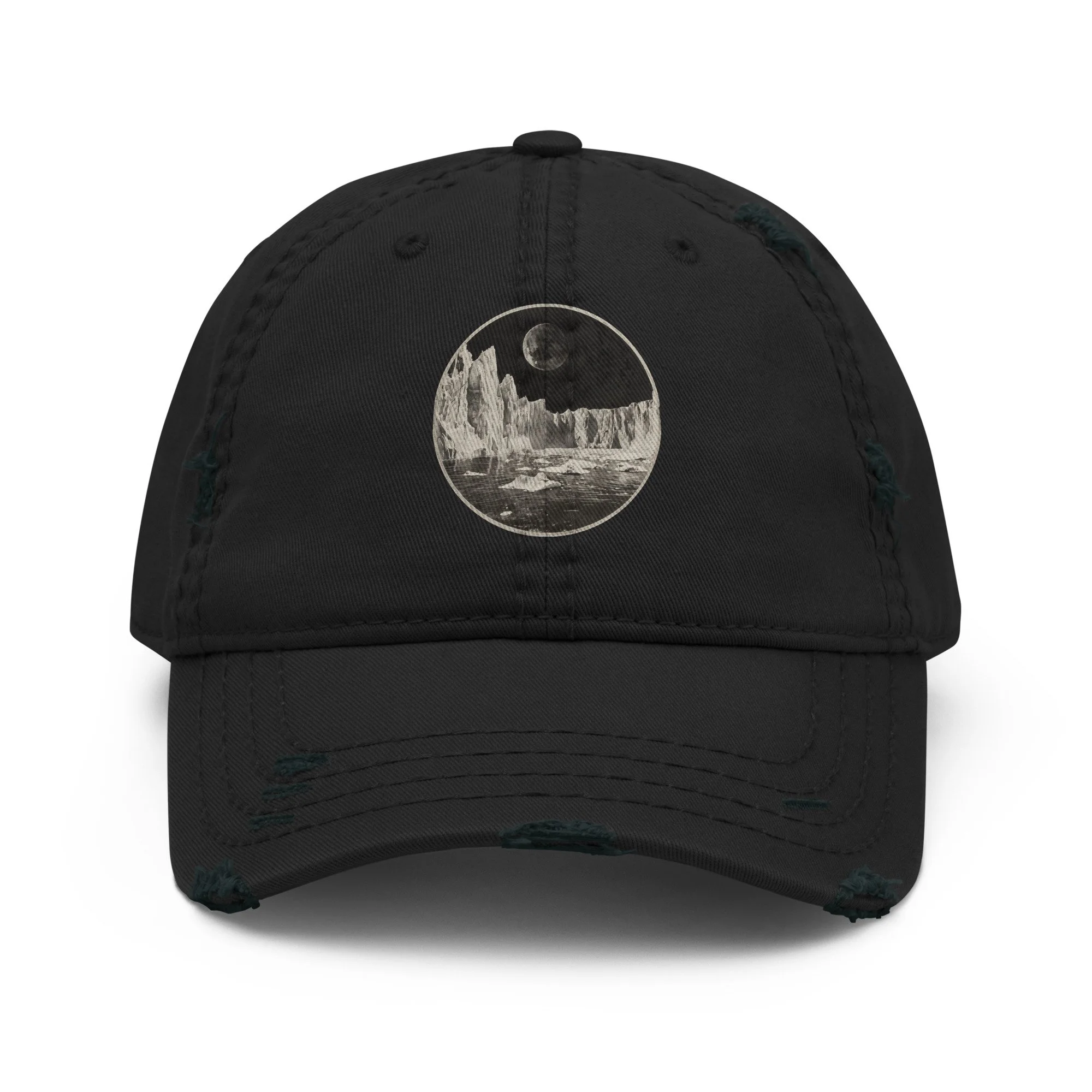 Dad hat with vintage circular ice wall illustration and moon beneath distressed brim — hidden history — Etherfolk