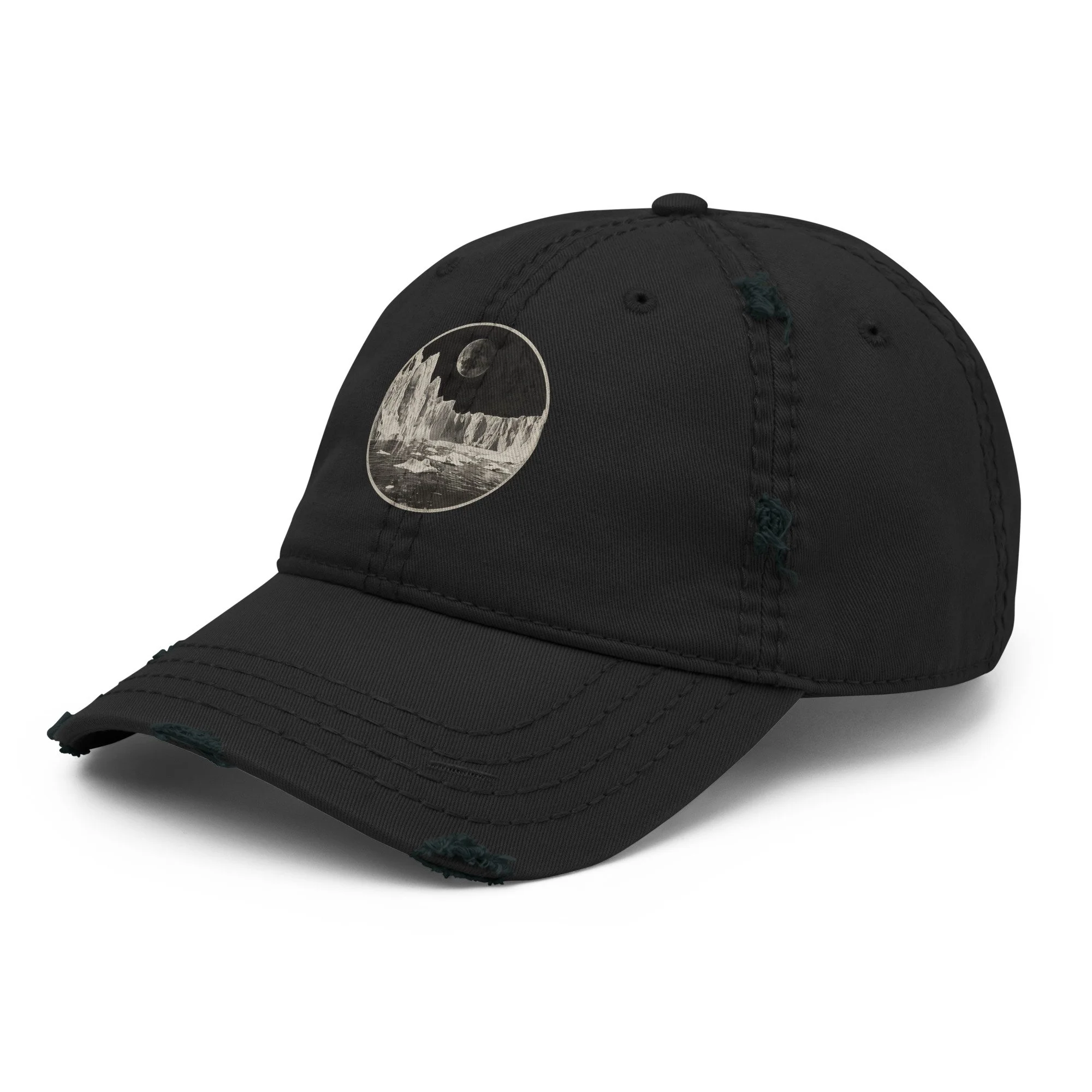 Dad hat with distressed vintage ice wall design worn casually — flat earth, hidden history — Etherfolk