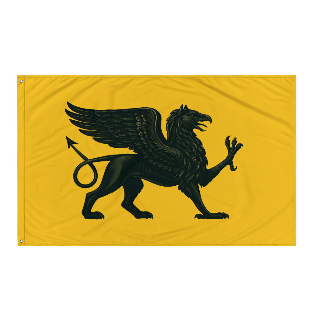 Wall flag — close-up of intricate symbolic design with vintage engraving aesthetic — Tartarian hidden history — Etherfolk