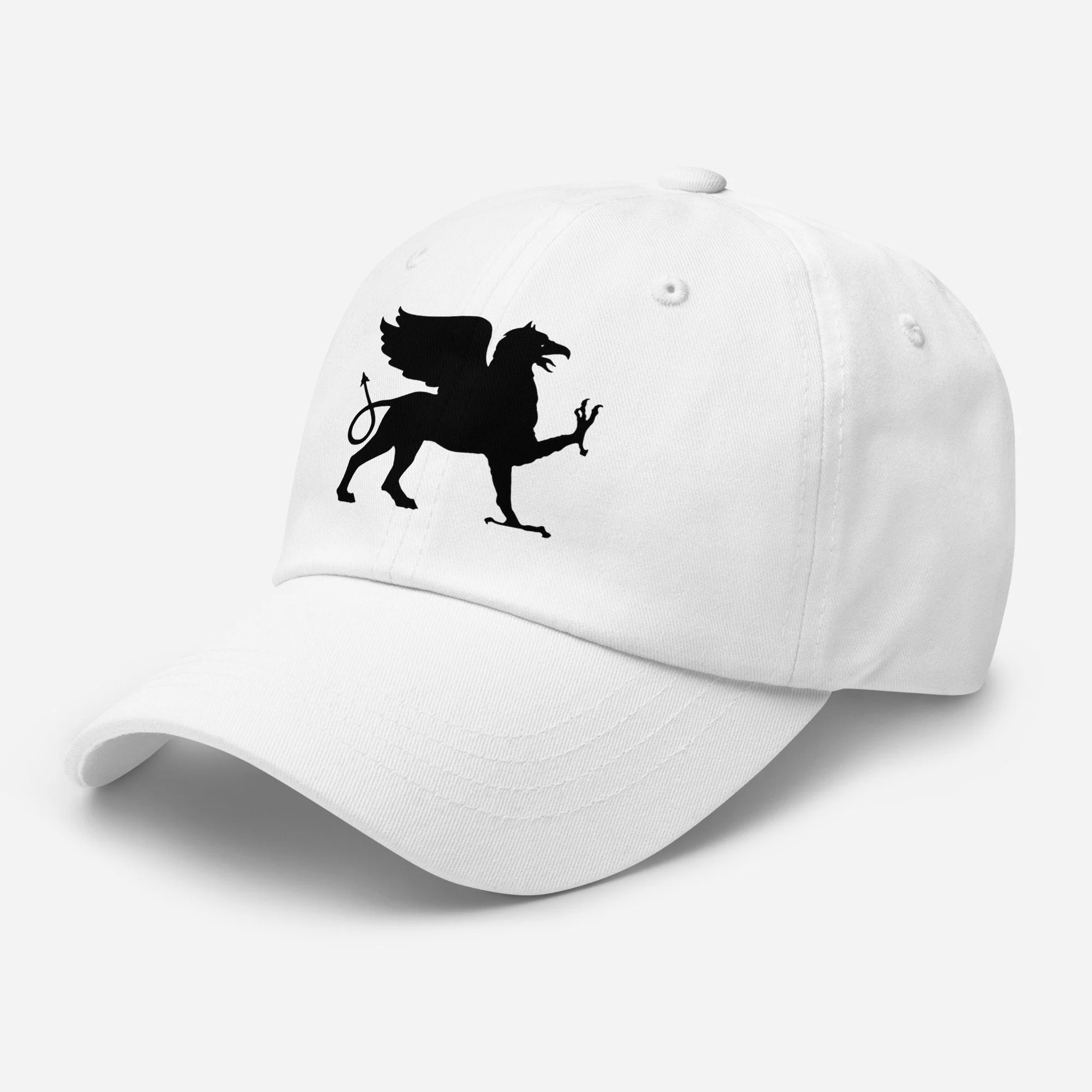 Dad hat with black embroidered griffin worn casually — Tartarian heritage, hidden history — Etherfolk