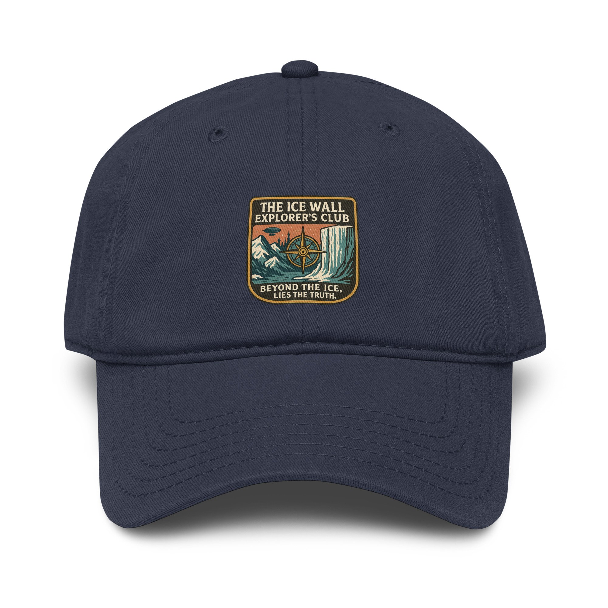 Dad hat featuring vintage airship over snowy peaks and aurora sky — flat earth mythology — Etherfolk