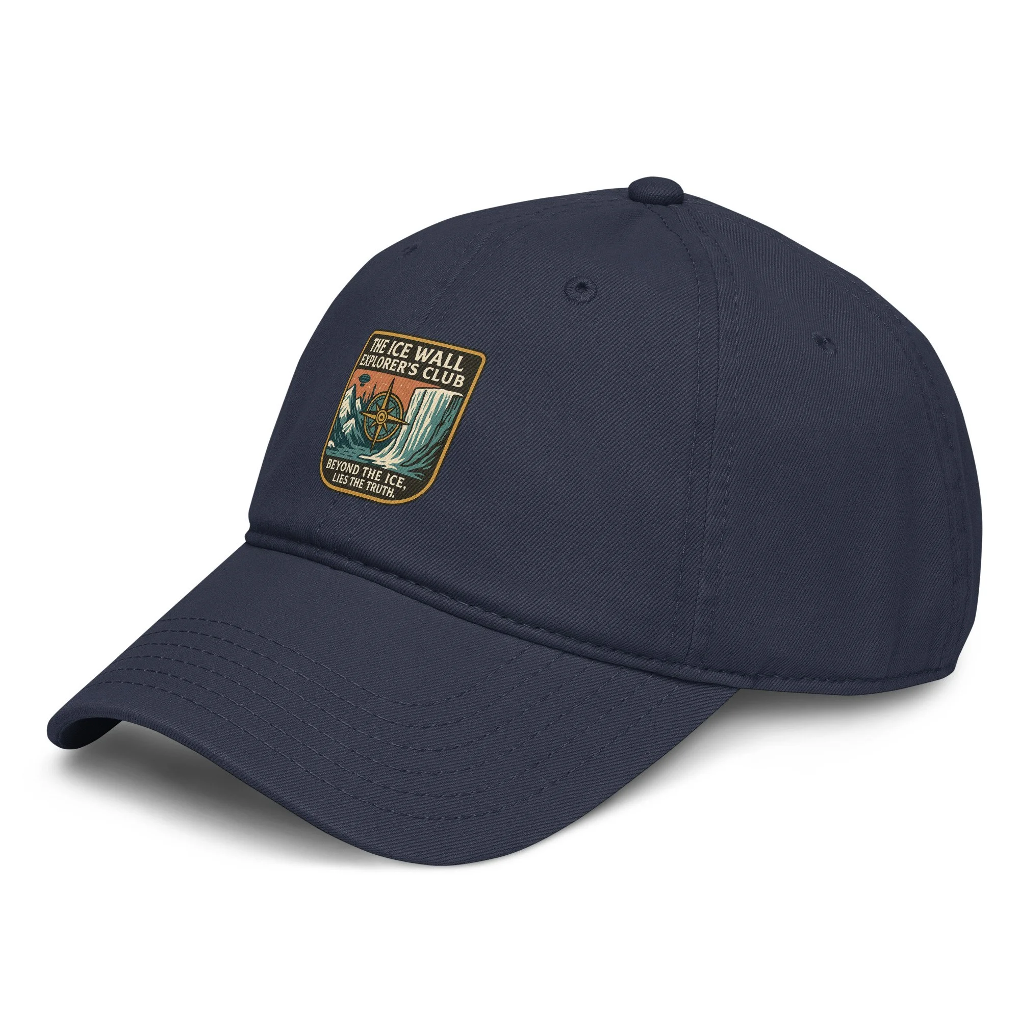 Dad hat with distressed brim worn casually, airship and aurora design visible — alternative history, retro-futurism — Etherfo