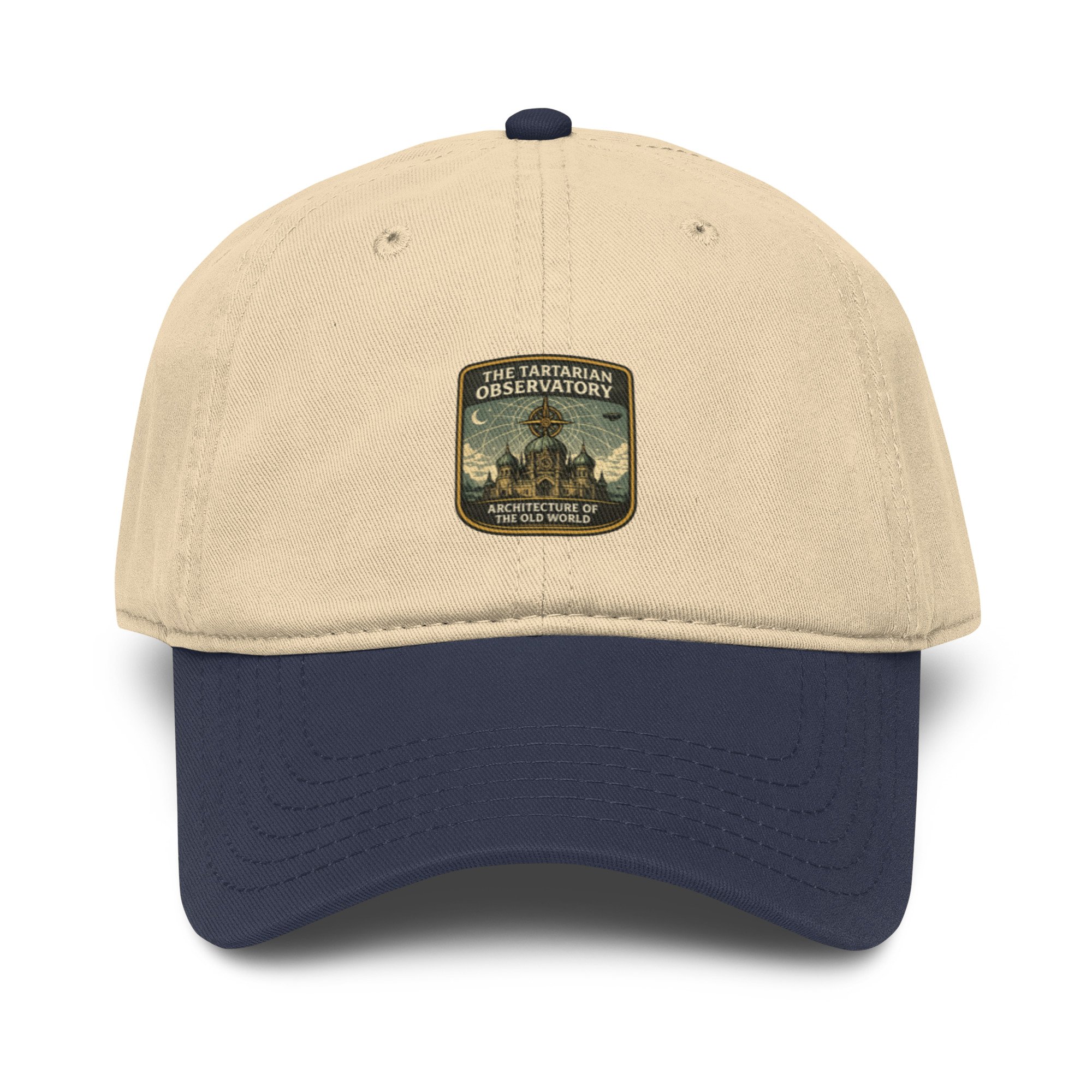 Hat — Unstructured cotton cap featuring ornate Tartarian observatory dome and spire design in vintage engraving style — hidde