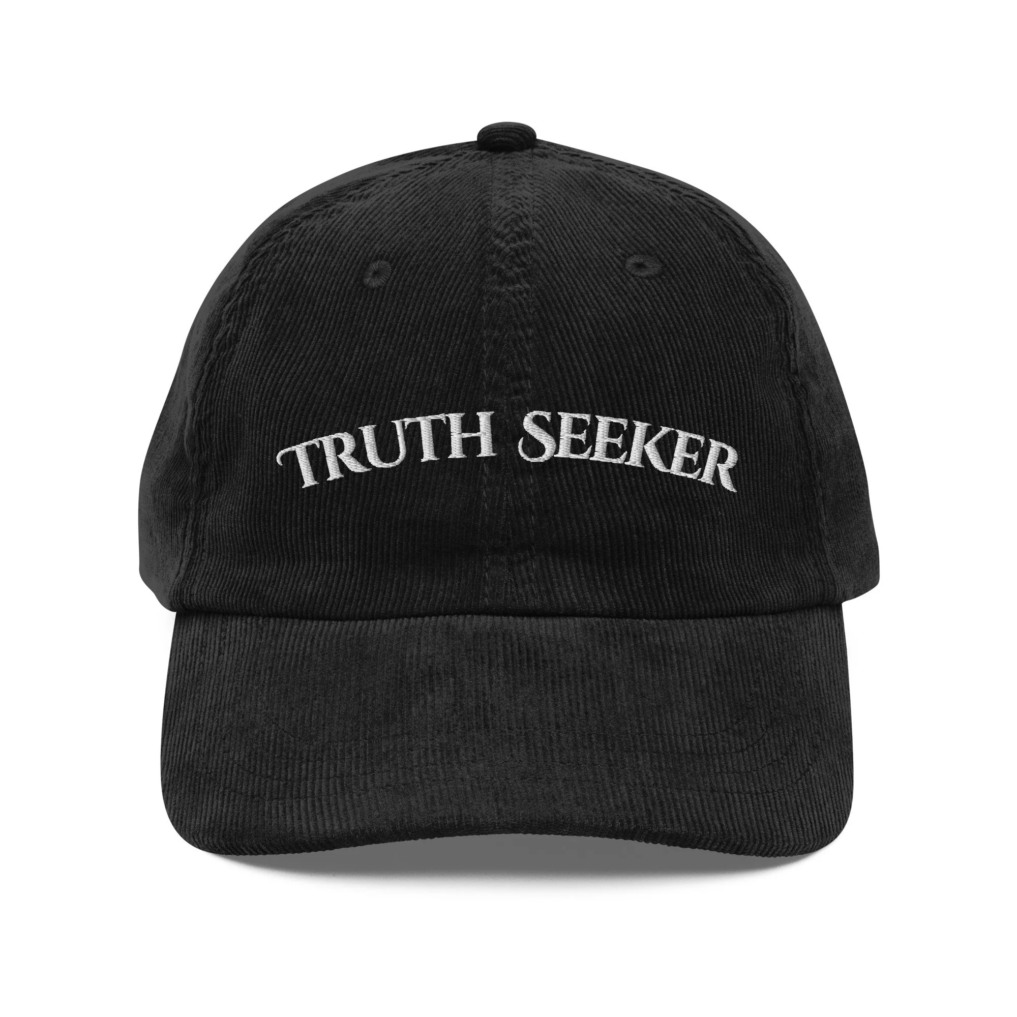 Cap — Embroidered "Truth Seeker" corduroy hat with minimalist front design, retro esoteric style — alternative history, hidde