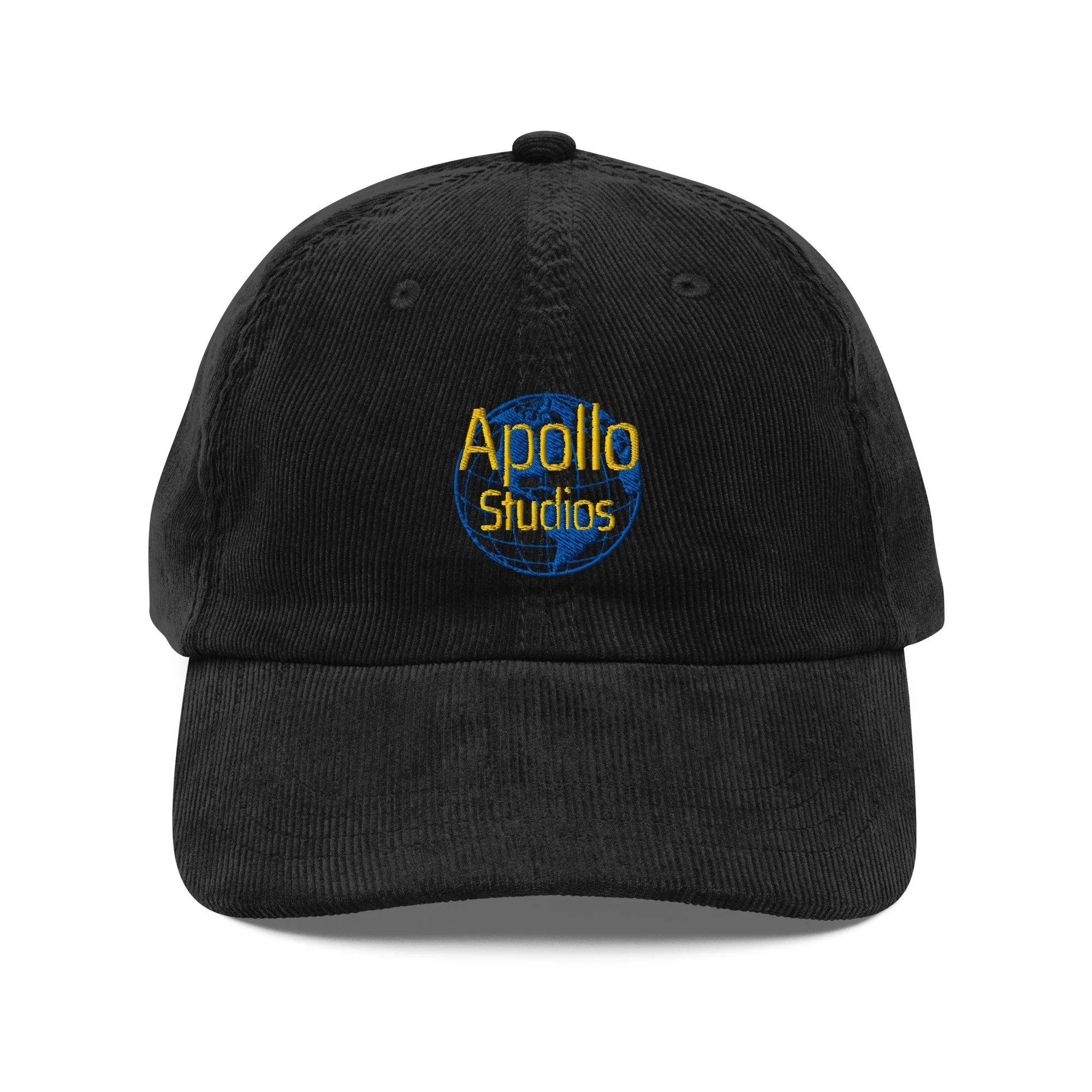 Corduroy cap with vintage globe logo and Apollo hoax design — Apollo Studios conspiracy hat — Etherfolk