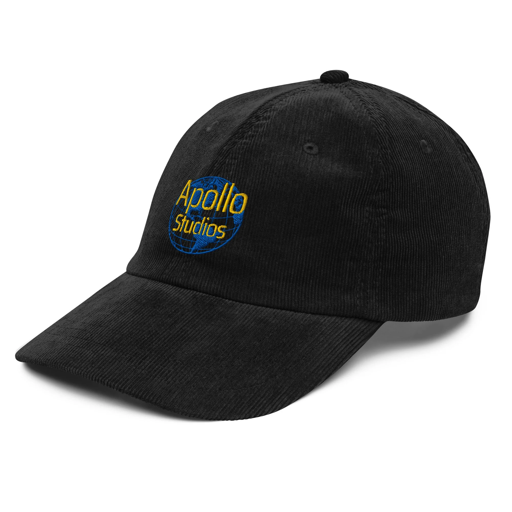 Corduroy cap worn by truth-seeker with vintage Apollo Studios globe logo — Apollo hoax satire — Etherfolk