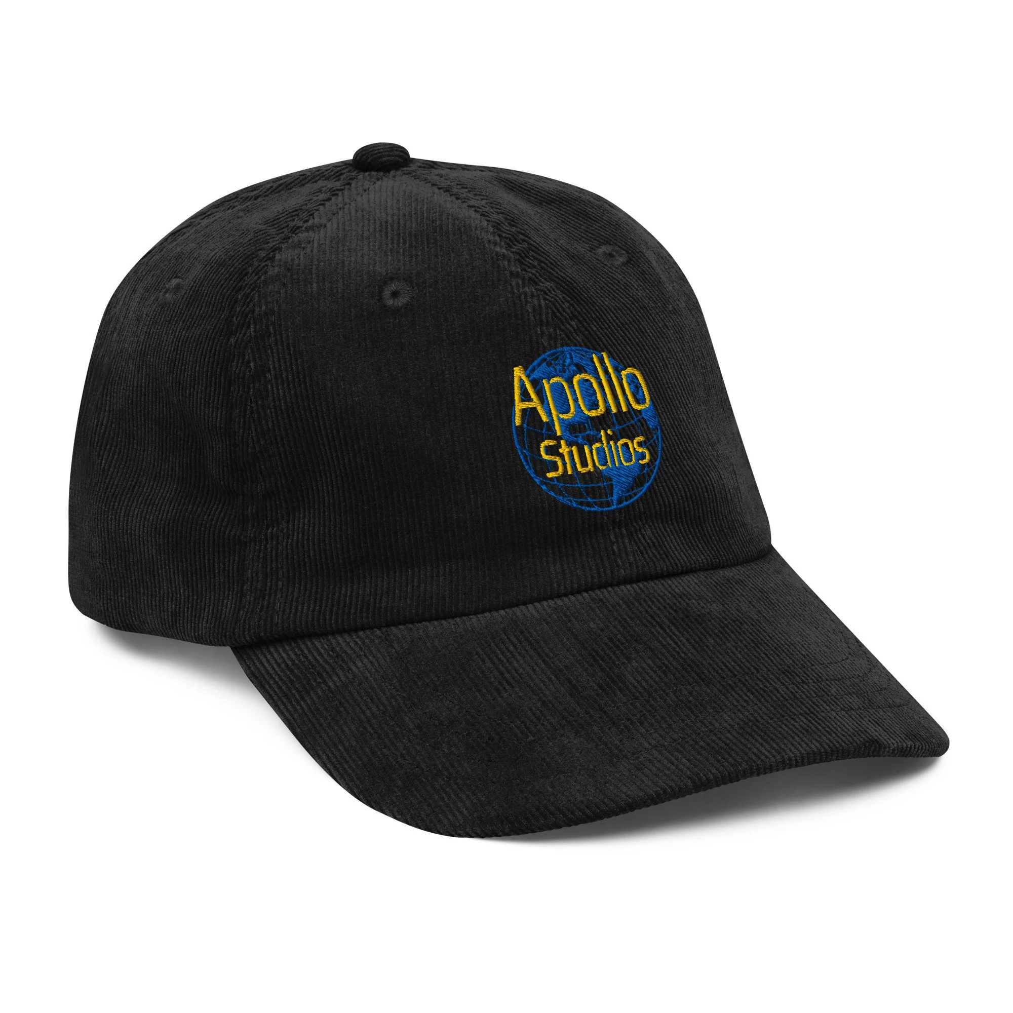 Corduroy cap alternate angle showing vintage globe logo and studio aesthetic — Apollo hoax satire — Etherfolk