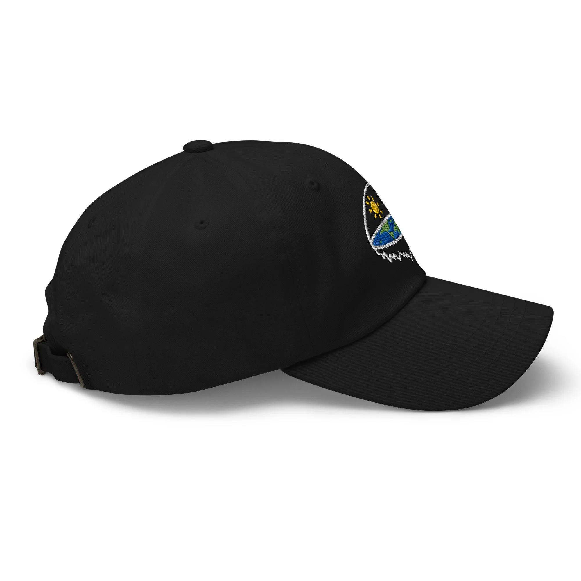 Hat — Close-up embroidered dome and plane symbol representing flat earth cosmology and firmament — flat earth, alternative hi