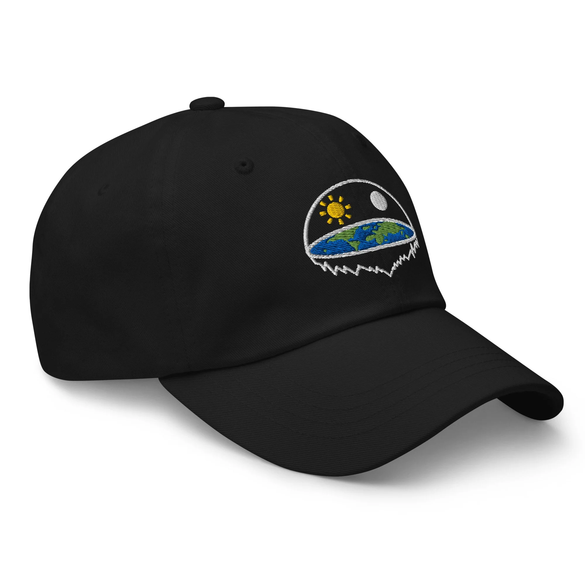 Dad hat with embroidered flat earth dome cosmology symbol worn casually — alternative history — Etherfolk
