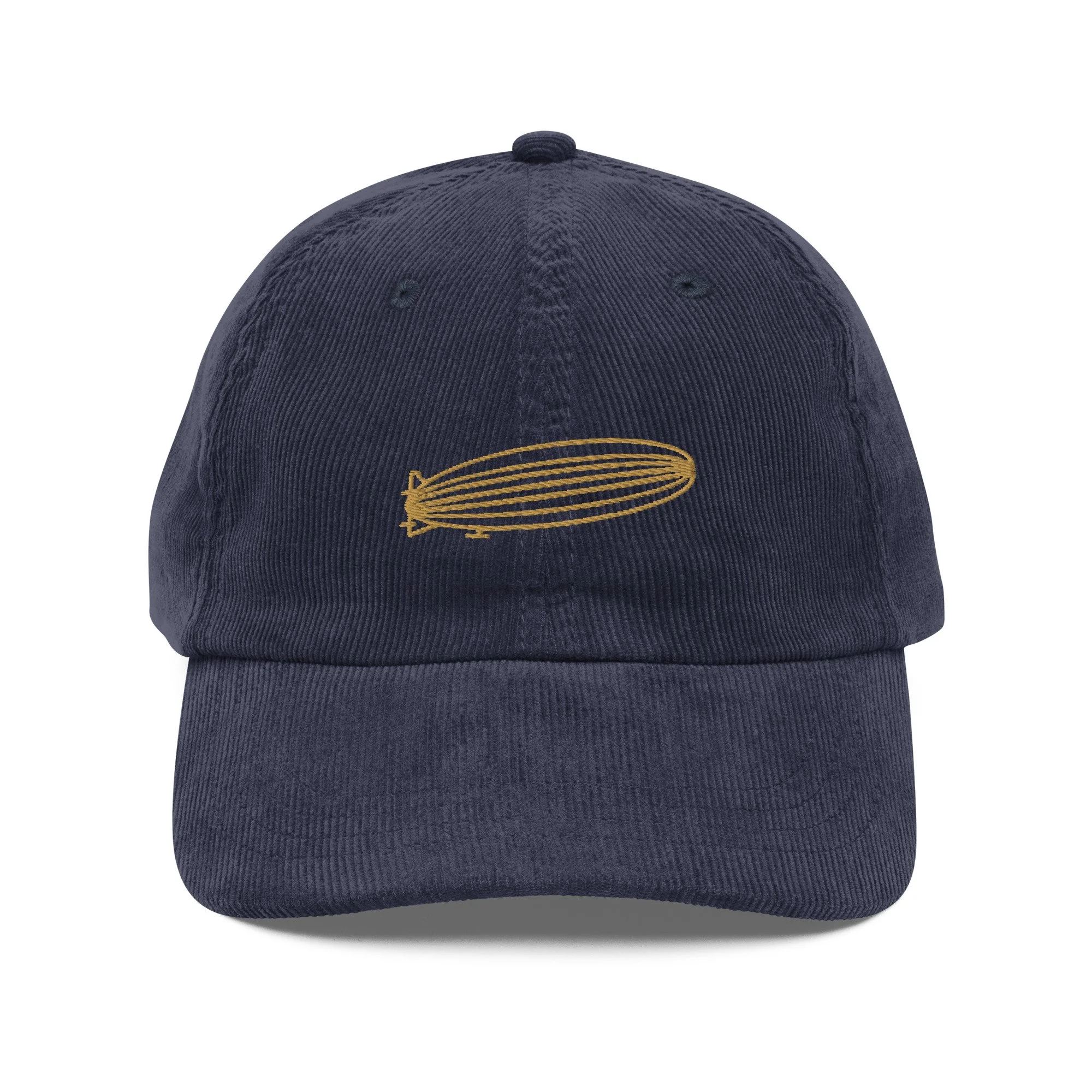 Corduroy dad hat with minimalist gold-embroidered Tartarian airship design — lost skies, hidden history — Etherfolk