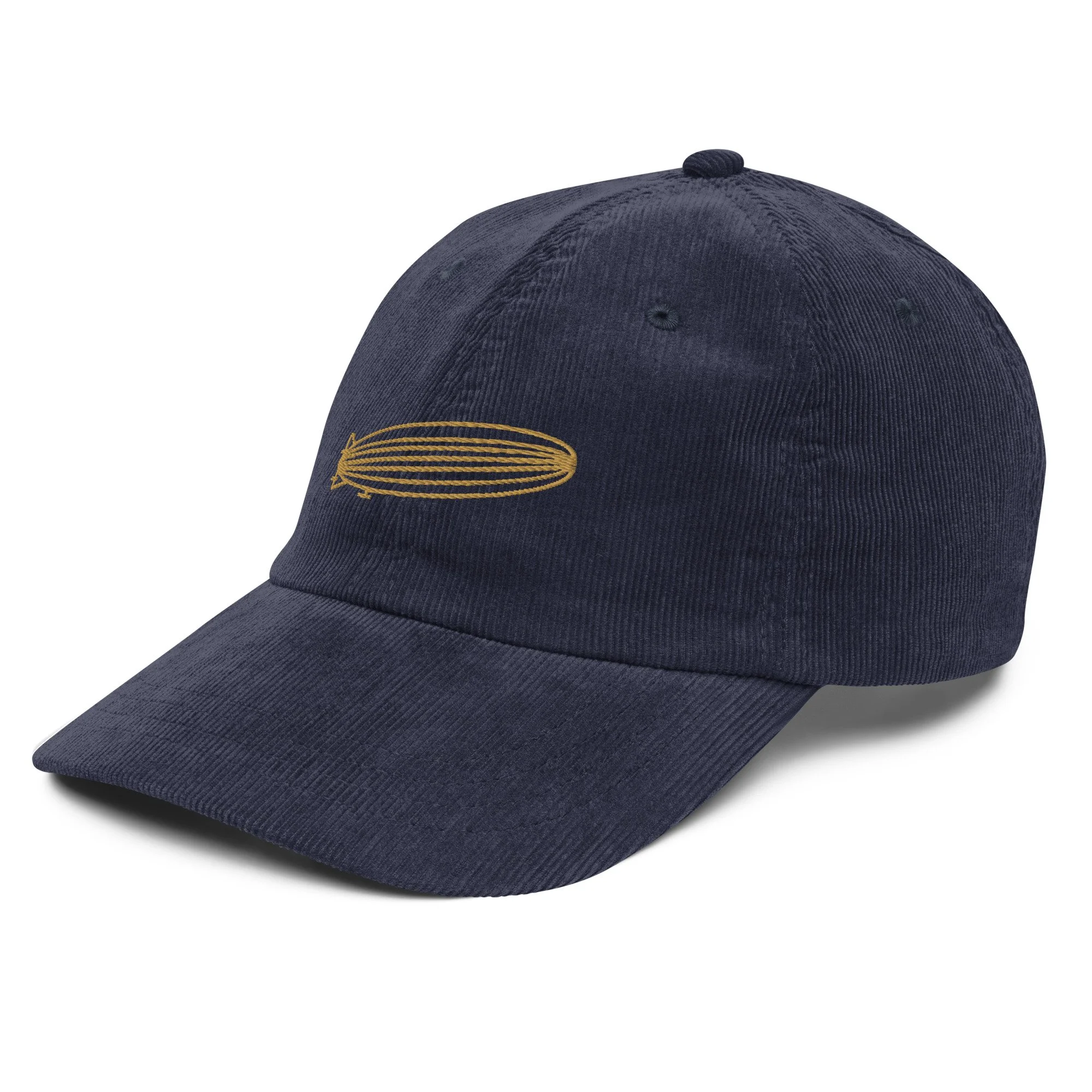 Corduroy dad hat with embroidered Tartarian airship worn casually — lost skies, alternative history — Etherfolk