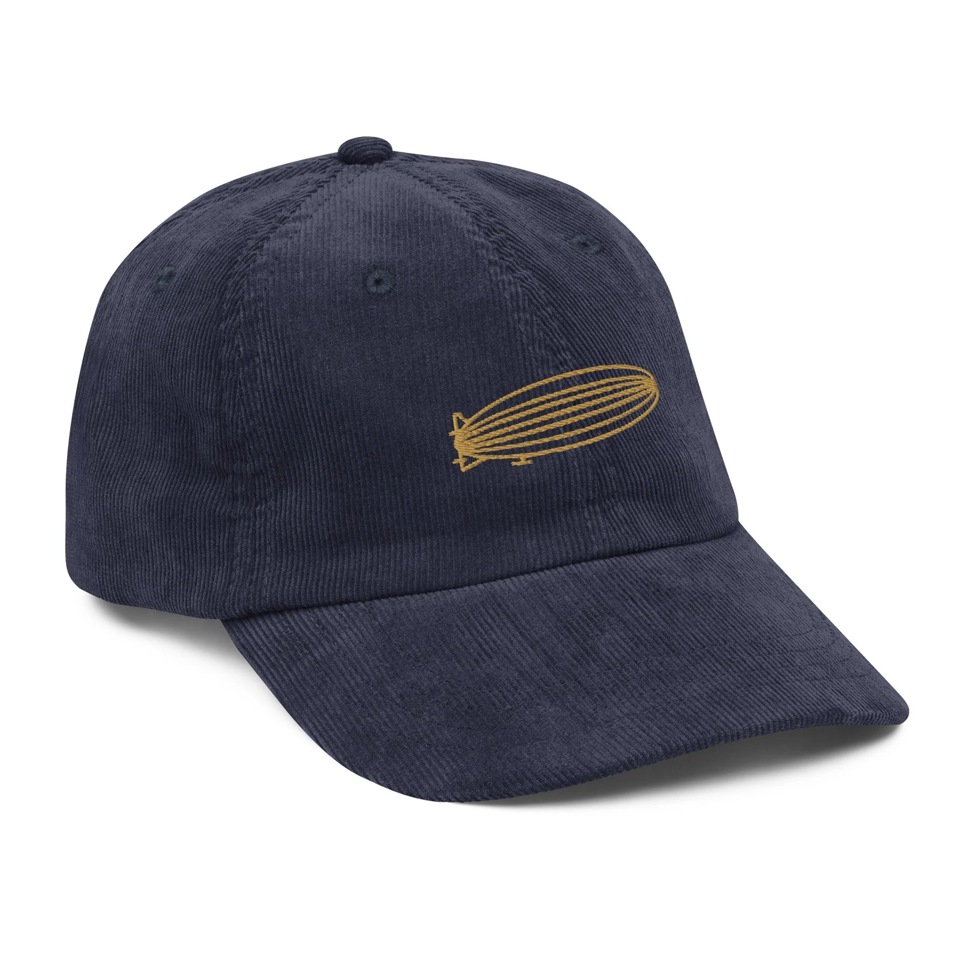 Corduroy dad hat alternate angle showing aged gold airship embroidery — Tartarian, hidden history — Etherfolk