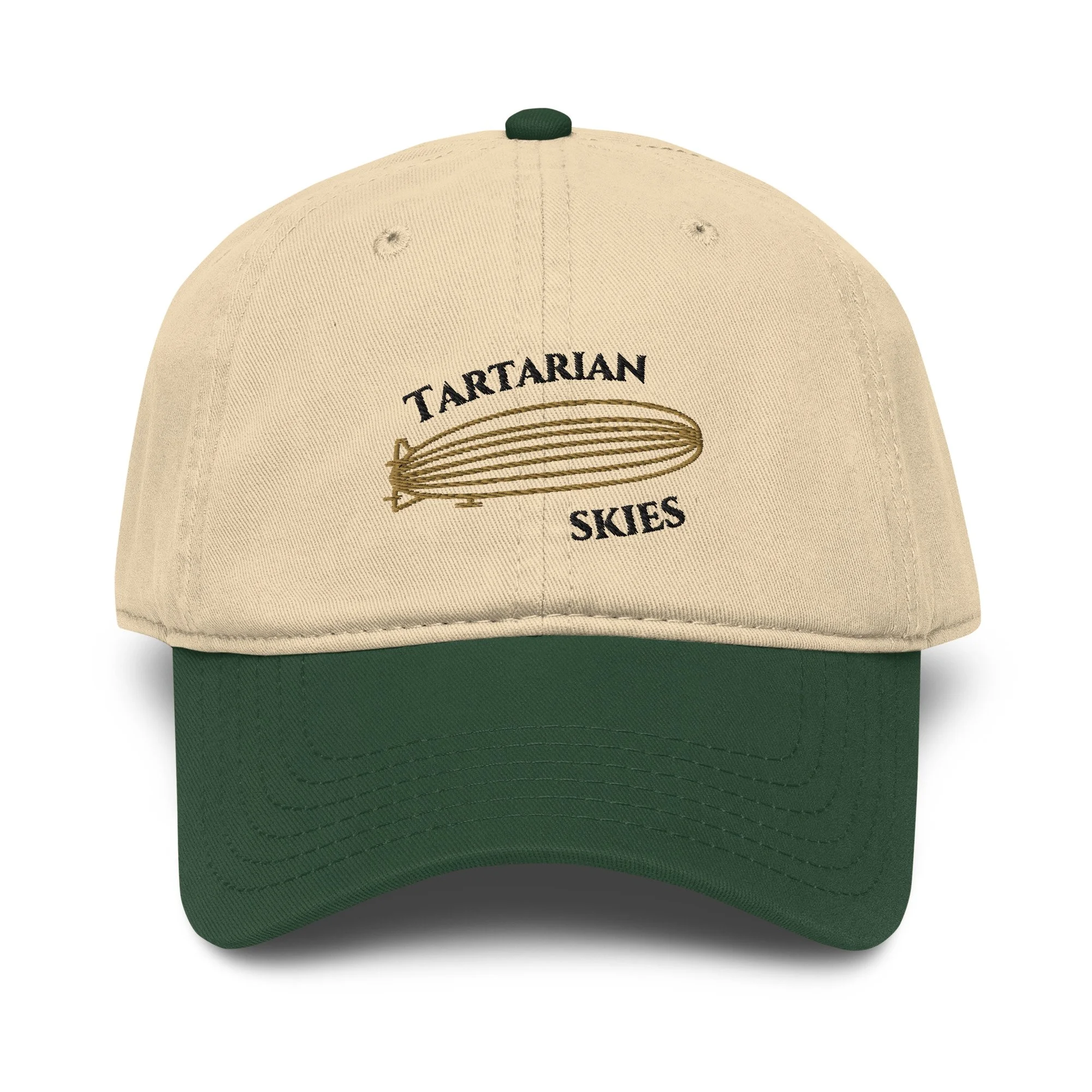Baseball cap with minimalist gold-embroidered Tartarian airship design — alternative history, forgotten technology — Etherfol