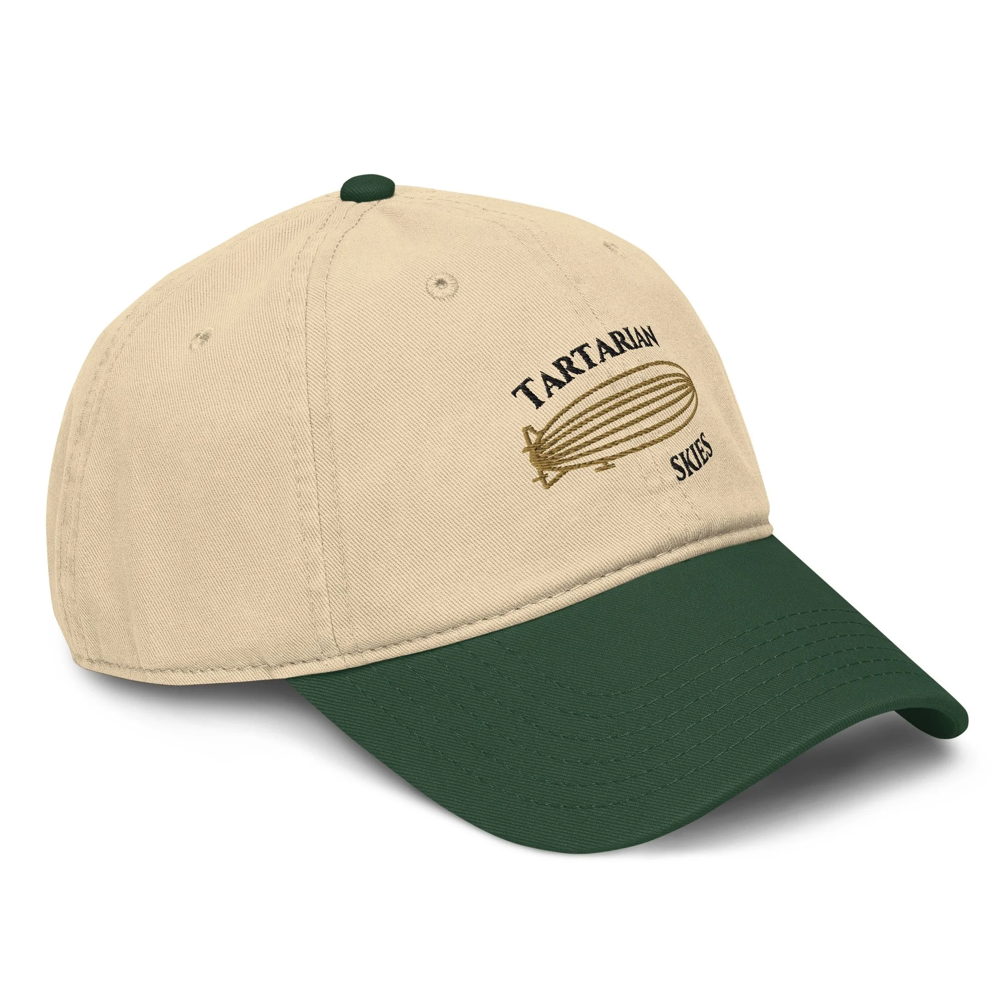 Baseball cap — side profile showing aged gold embroidered Tartarian airship — hidden history — Etherfolk