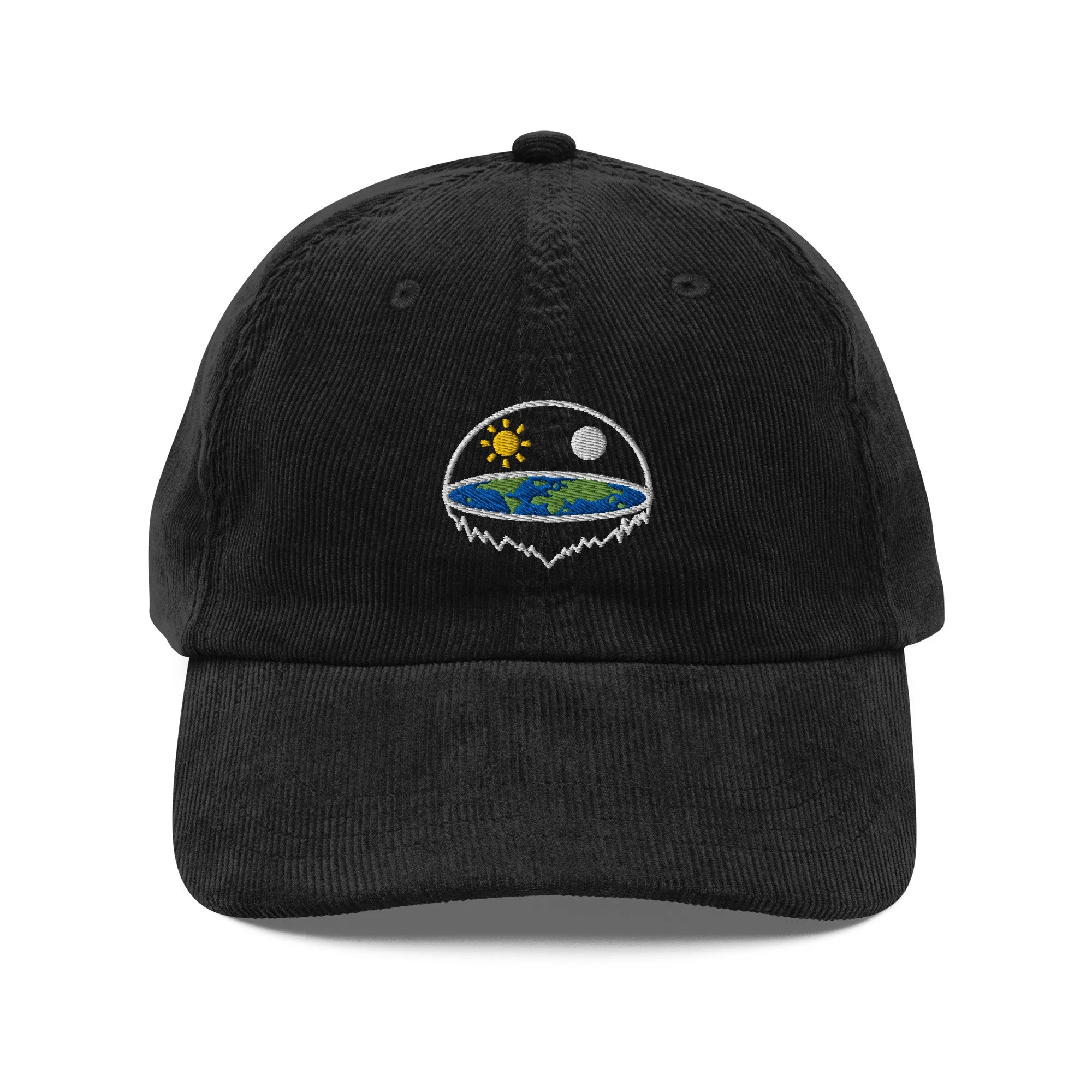 Flat Earth Dome Embroidered Vintage Corduroy Cap — minimal cosmology design with plane, dome, sun and moon symbols — flat ear