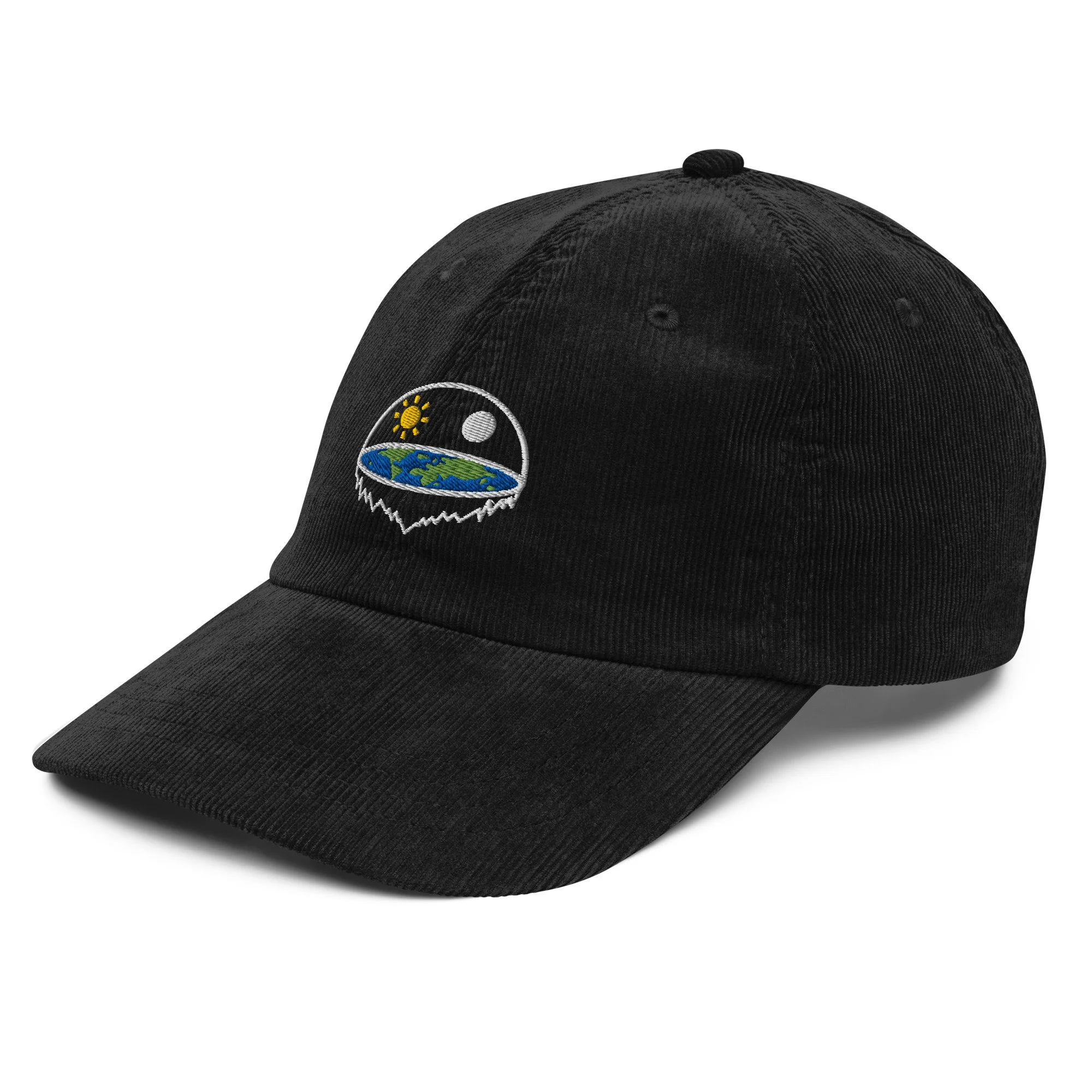 Cap worn by person showing embroidered flat earth dome symbol — cosmology, alternative history — Etherfolk