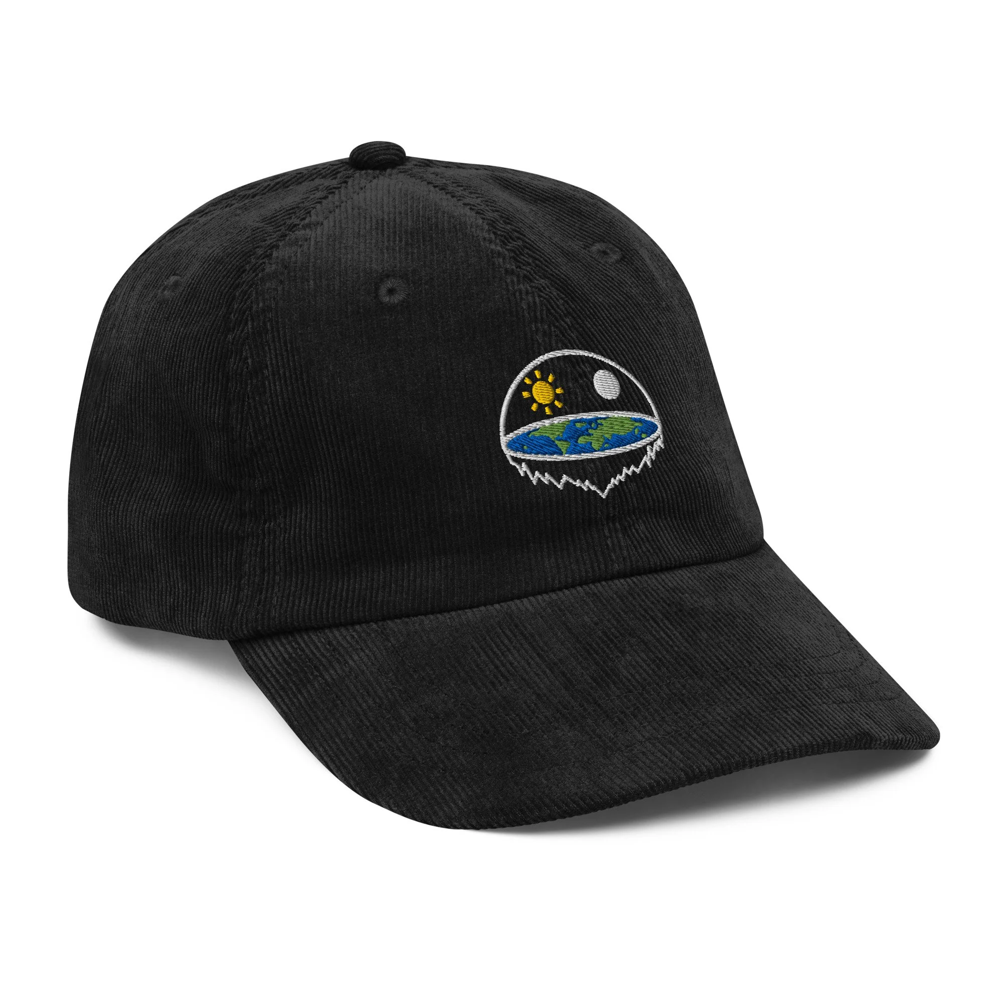 Hat — Side profile view of embroidered flat earth dome symbol on vintage corduroy cap — Alternative history, Firmament — Ethe
