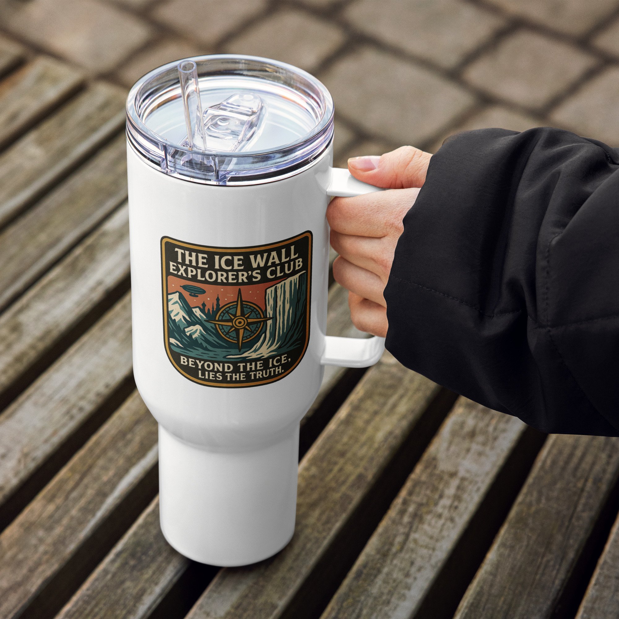 Travel Mug — Airship over Antarctic peaks with aurora and ice wall design — Alternative history — Etherfolk