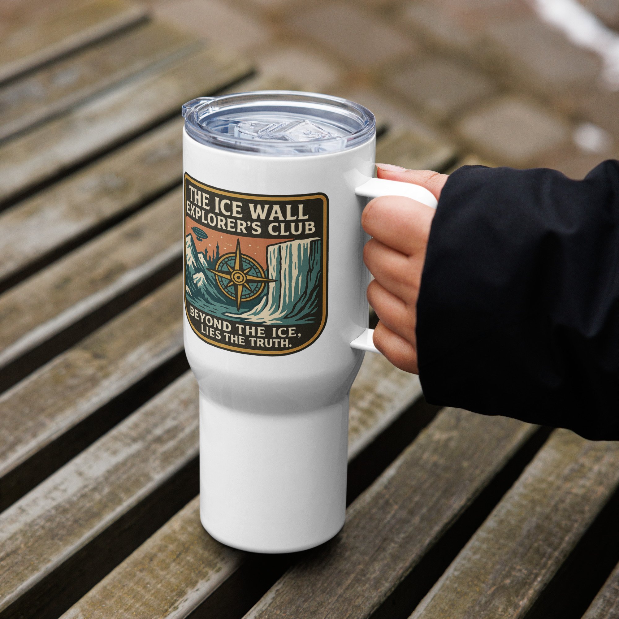 Mug — Close-up of airship and aurora design with Antarctic ice wall detail — Alternative history — Etherfolk