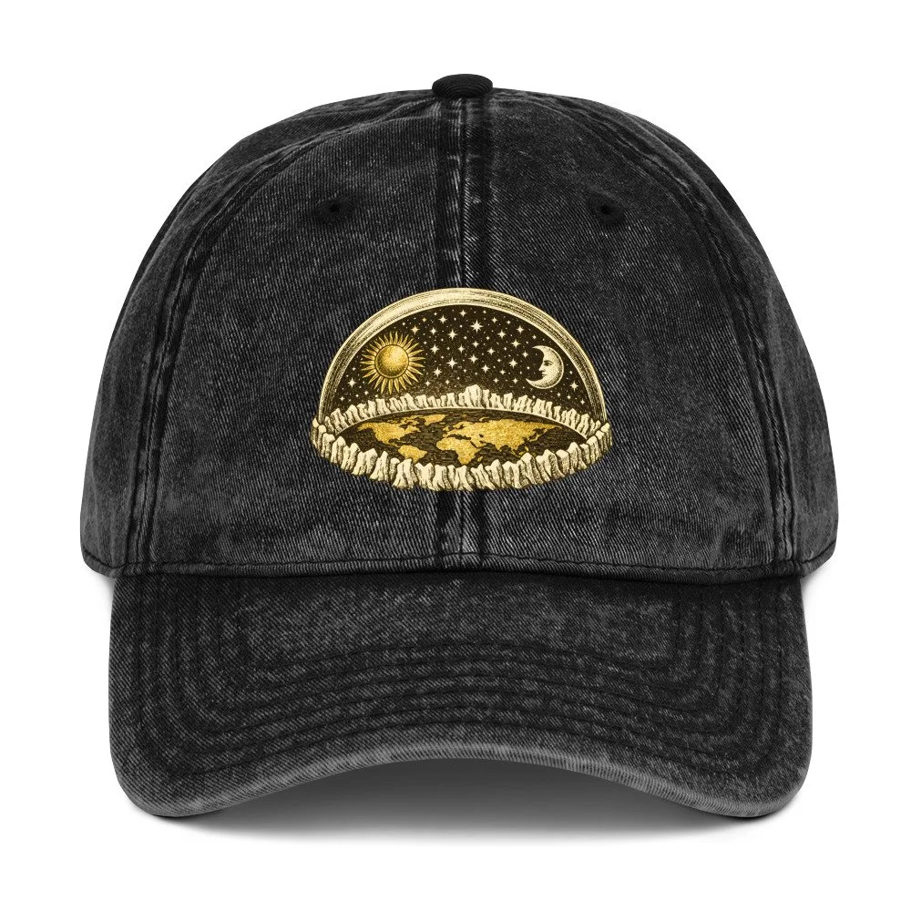 Dad Hat — Flat earth disc with ice wall and orbiting celestial bodies beneath crystalline firmament dome, vintage engraving s