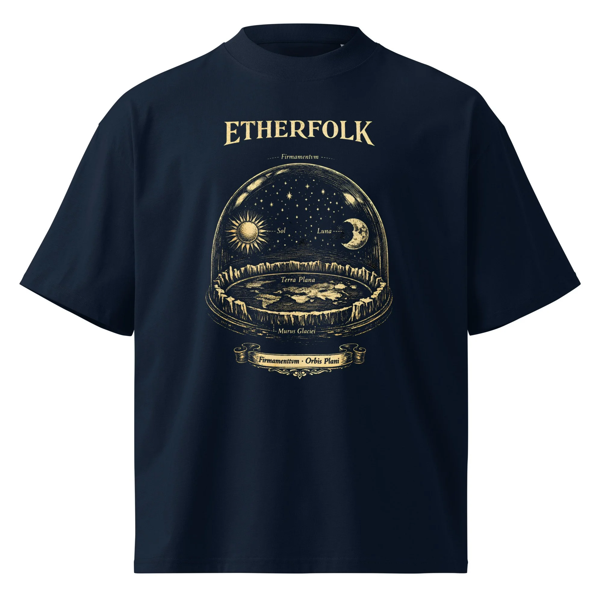 T-Shirt — Gold vintage engraving of enclosed firmament dome with orbiting Sol and Luna on black organic tee — Flat Earth, Hid