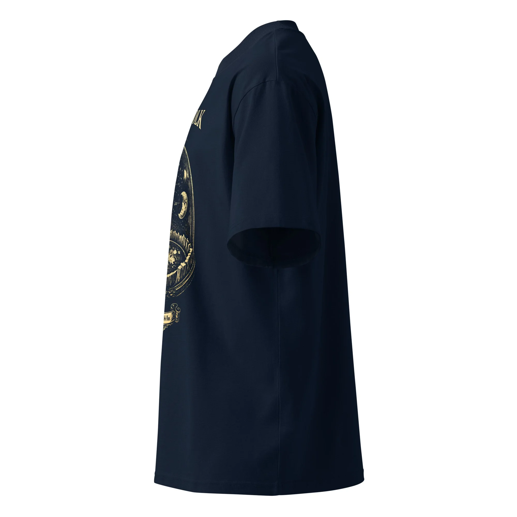 Oversized T-Shirt — Model wearing black organic tee with gold firmament dome design — flat earth, vintage engraving — Etherfo