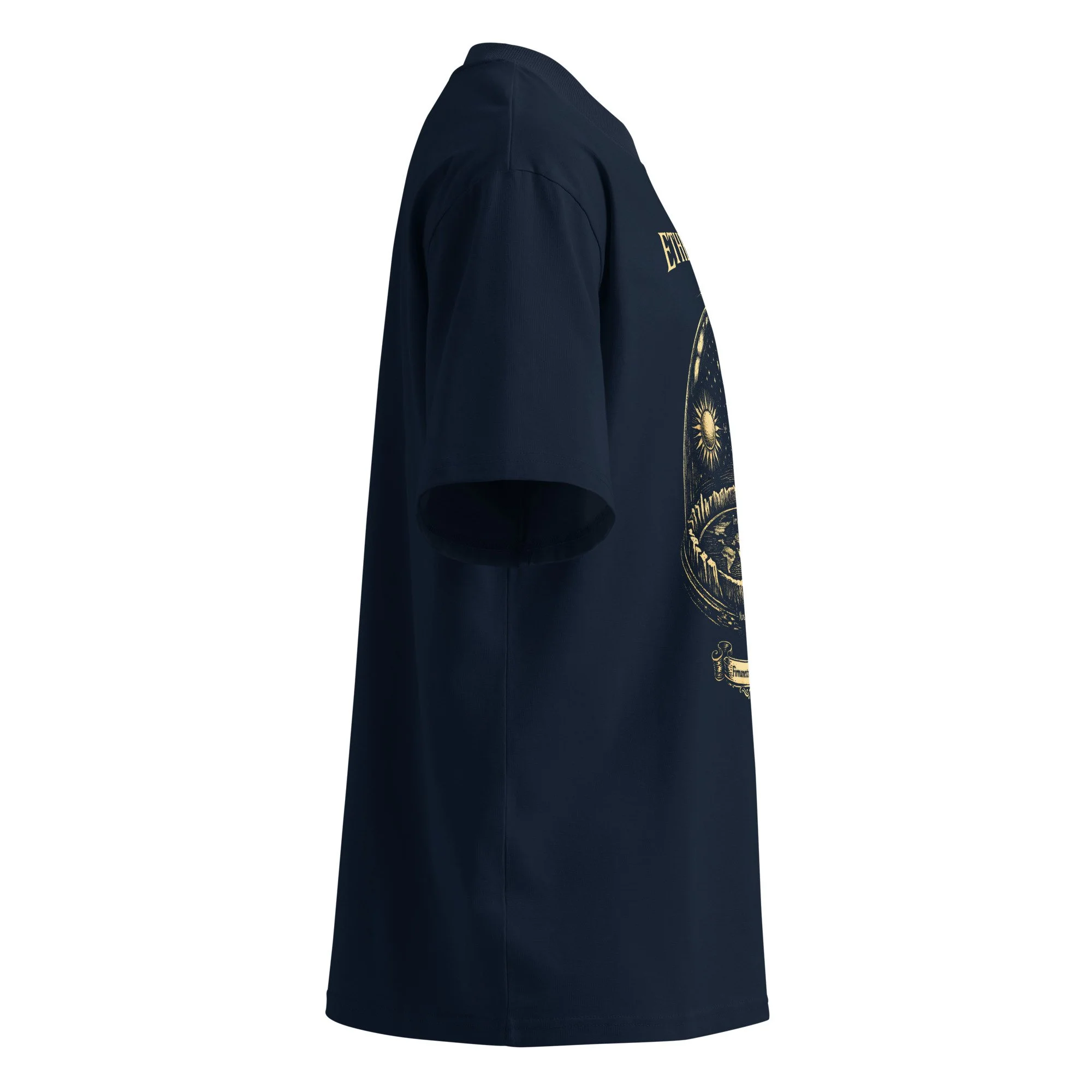 Oversized organic t-shirt — back view showing dropped shoulders and heavy cotton construction — flat earth firmament — Etherf