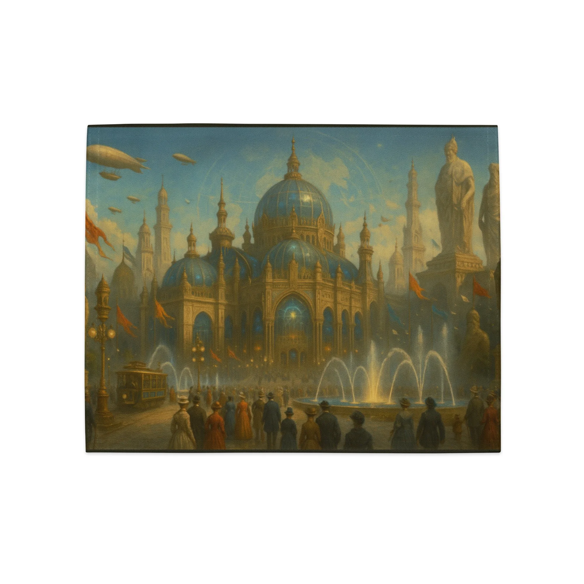 Woven Placemat — Tartarian architecture with domes, spires, and airships under ornate sky — Alternative history — Etherfolk