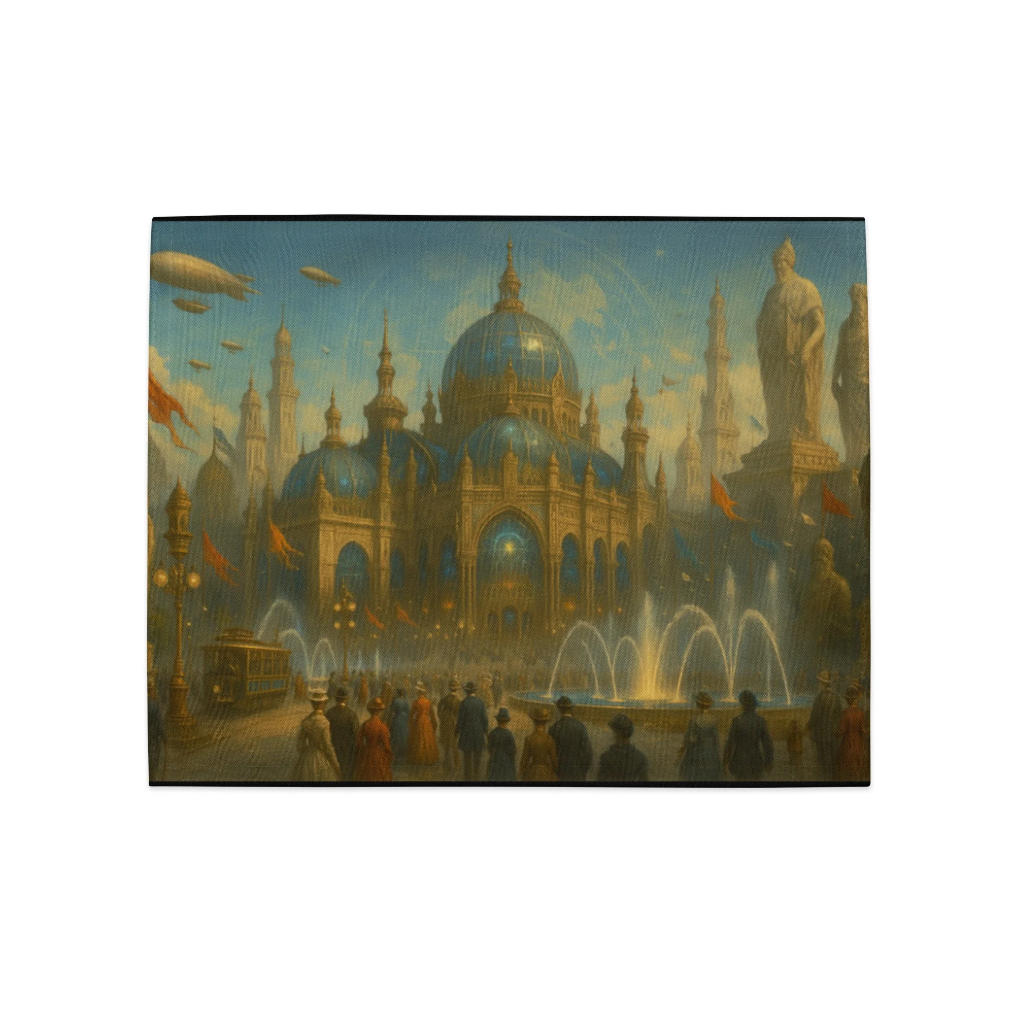 Placemat — Close-up of ornate domes, spires, and airships embroidered in vintage engraving detail — Tartarian architecture —